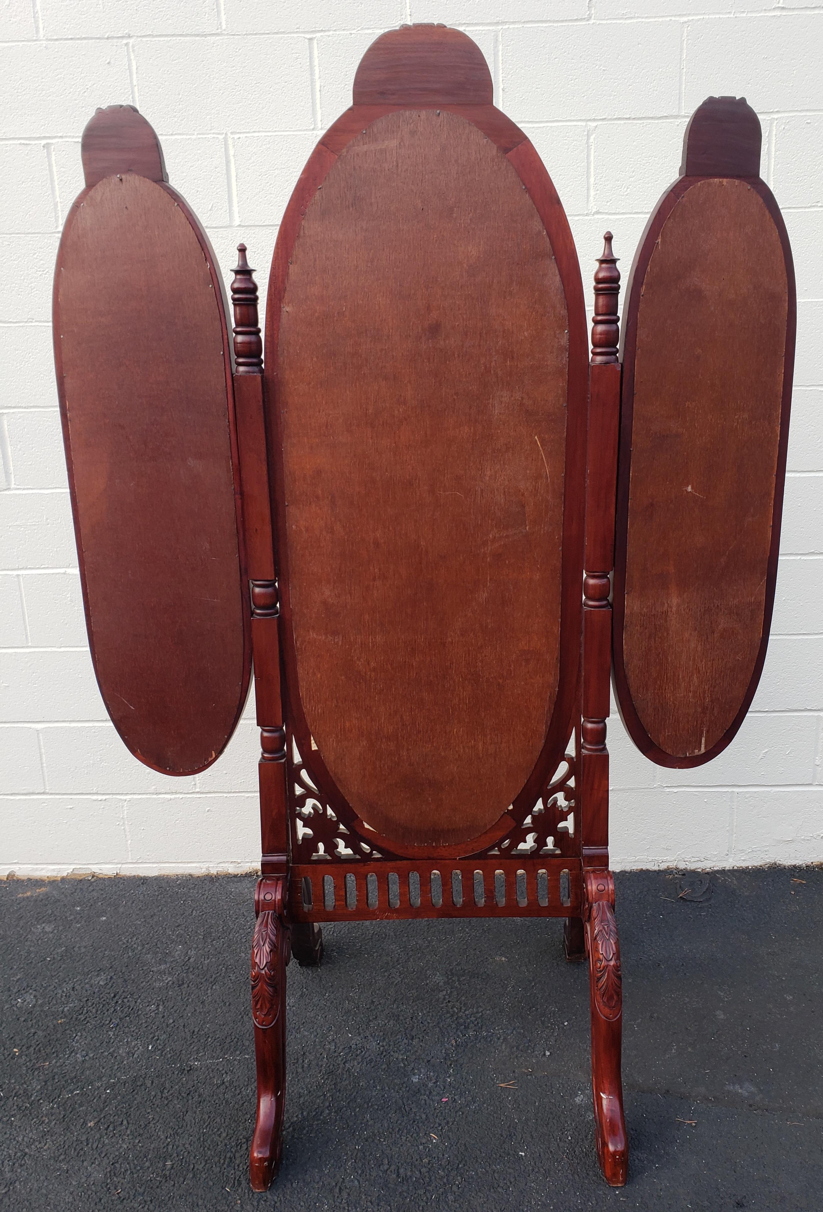 Victorian Style Carved Mahogany Triptych Full Length Floor Mirror For Sale 8