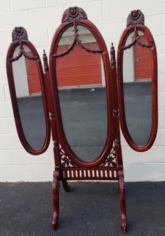 Victorian Style Carved Mahogany Triptych Full Length Floor Mirror
