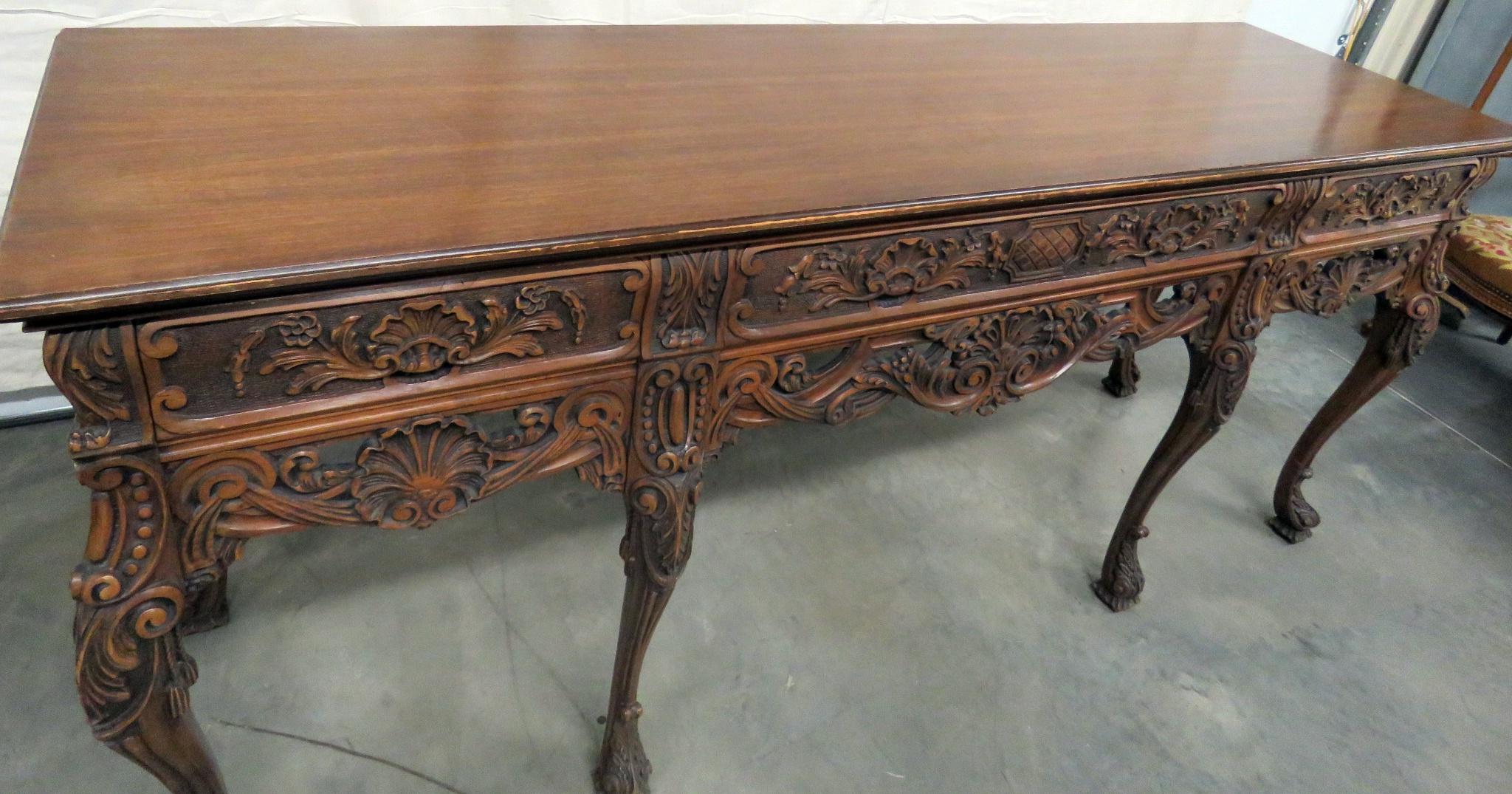 20th Century Heavily Carved Walnut English Georgian Sideboard Server Buffet C1920