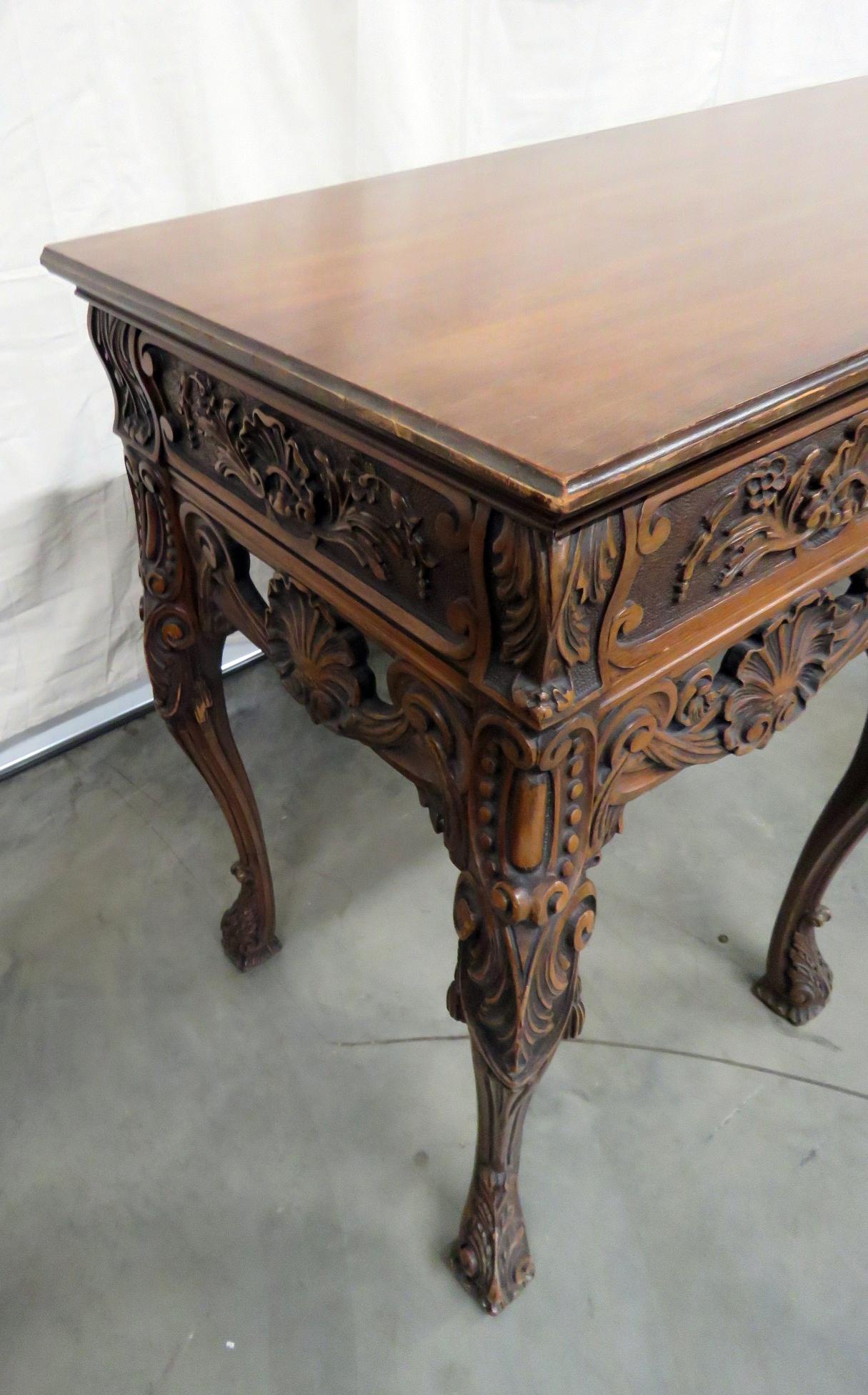 Felt Heavily Carved Walnut English Georgian Sideboard Server Buffet C1920