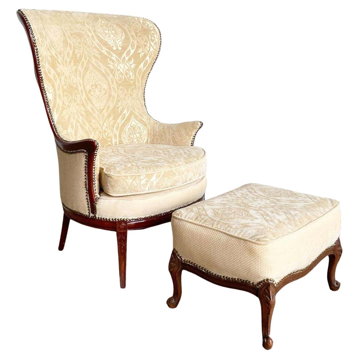 Victorian Style Carved Wingback Chair With Ottoman For Sale at 1stDibs