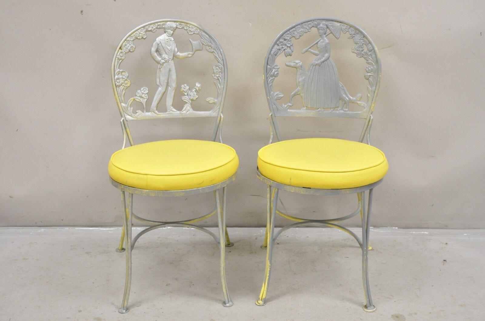 Victorian Style Cast Aluminum Courting Scene Garden Patio Bistro Chairs - a Pair For Sale 7
