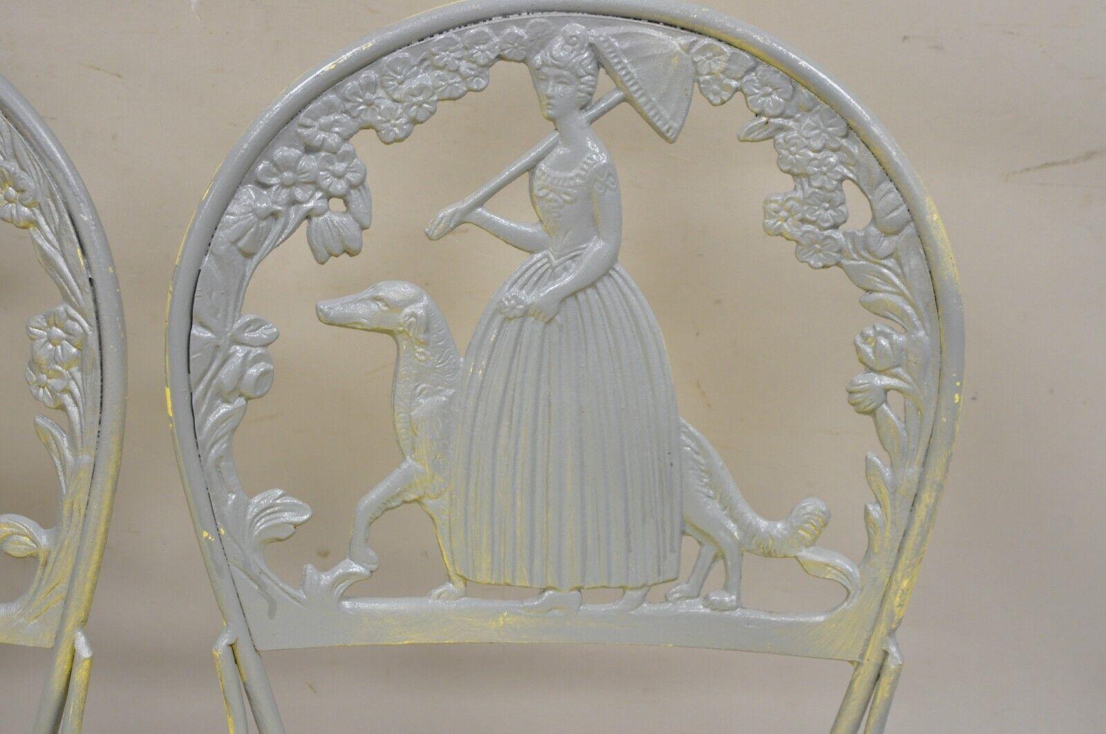 20th Century Victorian Style Cast Aluminum Courting Scene Garden Patio Bistro Chairs - a Pair