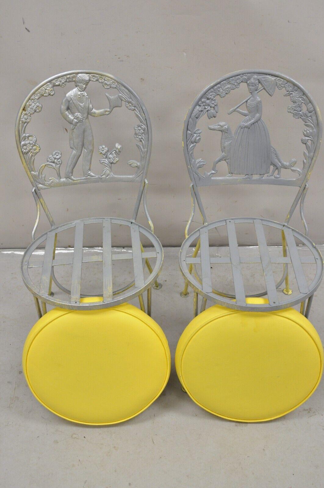 Victorian Style Cast Aluminum Courting Scene Garden Patio Bistro Chairs - a Pair For Sale 3