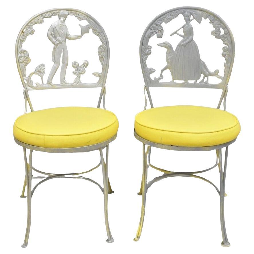 Victorian Style Cast Aluminum Courting Scene Garden Patio Bistro Chairs - a Pair