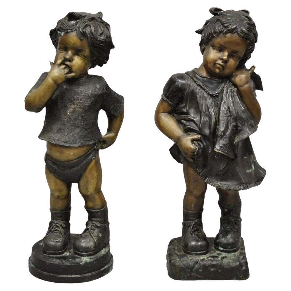 Victorian Style Cast Bronze 29" Little Boy and Girl Statue Figure - a Pair For Sale