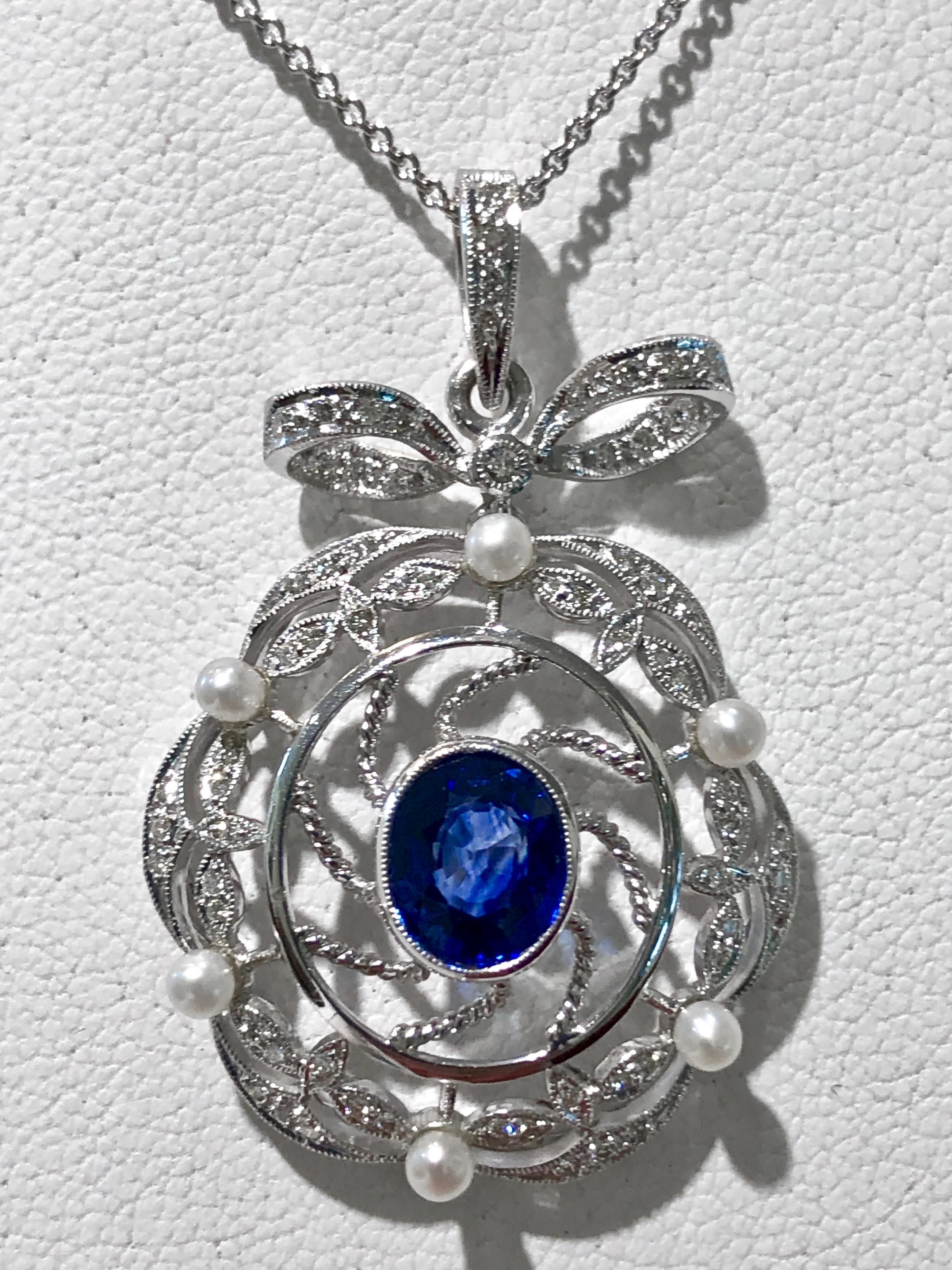 Victorian Style Ceylon Sapphire Diamond Pearl Gold Pendant For Sale 3