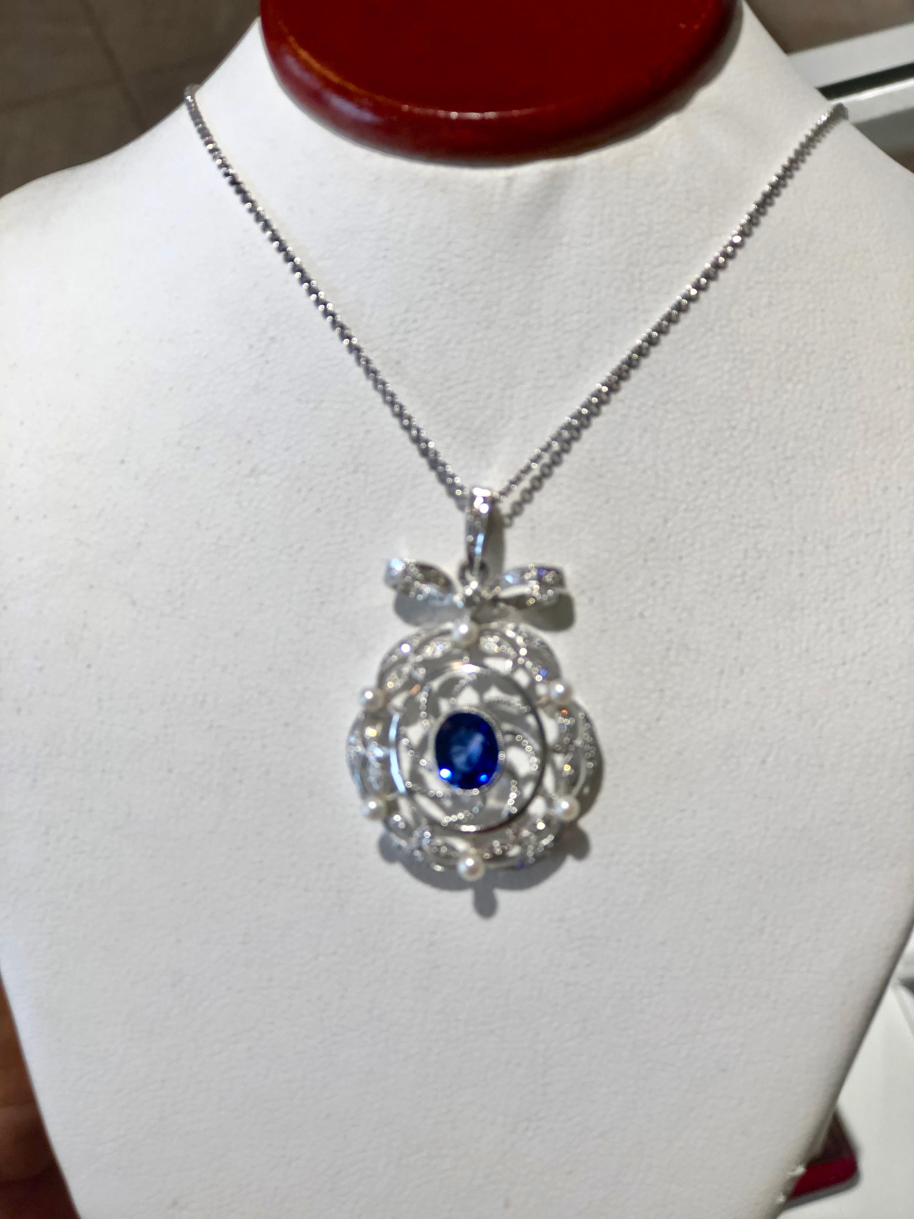 Victorian Style Ceylon Sapphire Diamond Pearl Gold Pendant For Sale 4