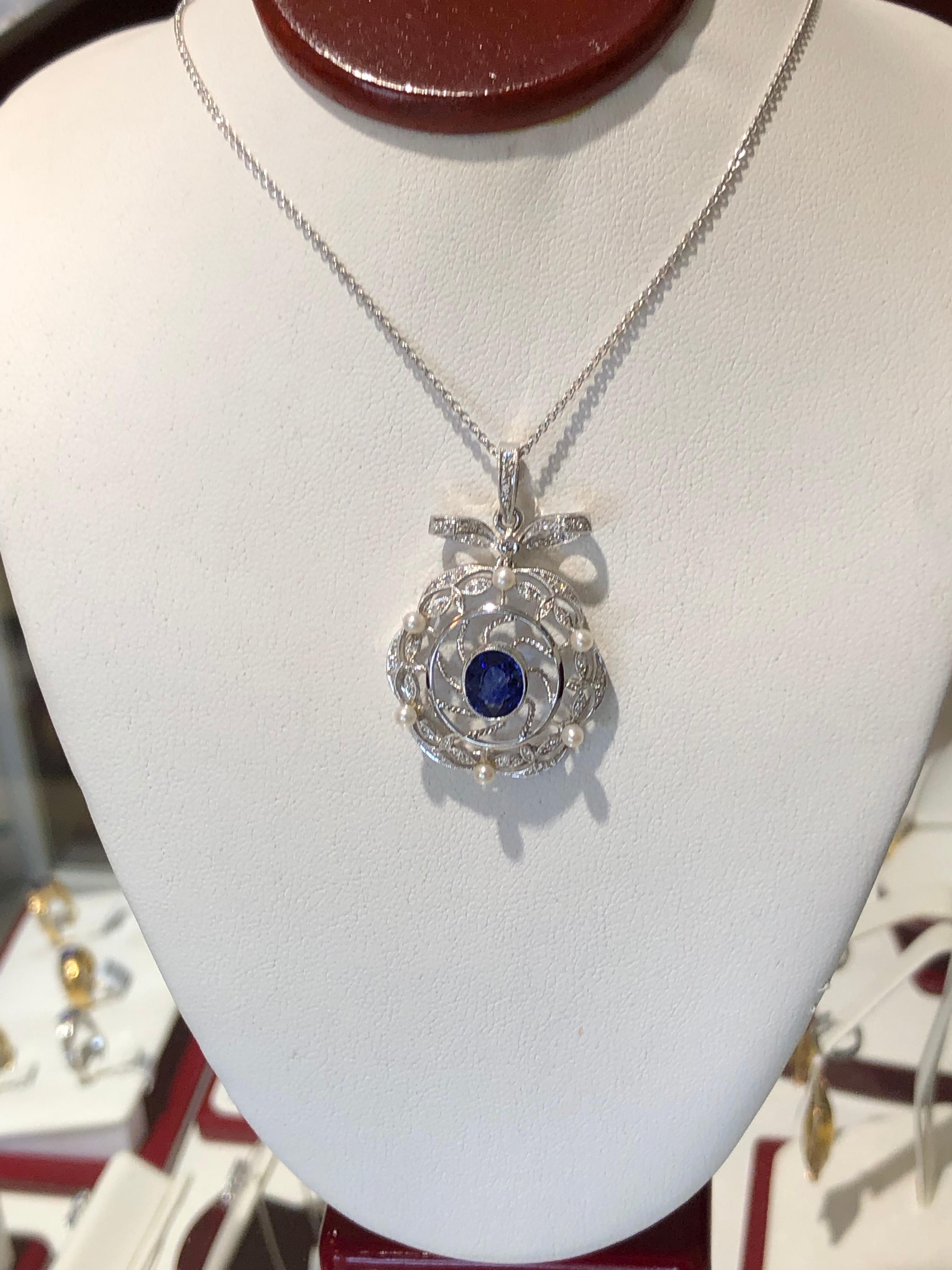 Women's Victorian Style Ceylon Sapphire Diamond Pearl Gold Pendant For Sale