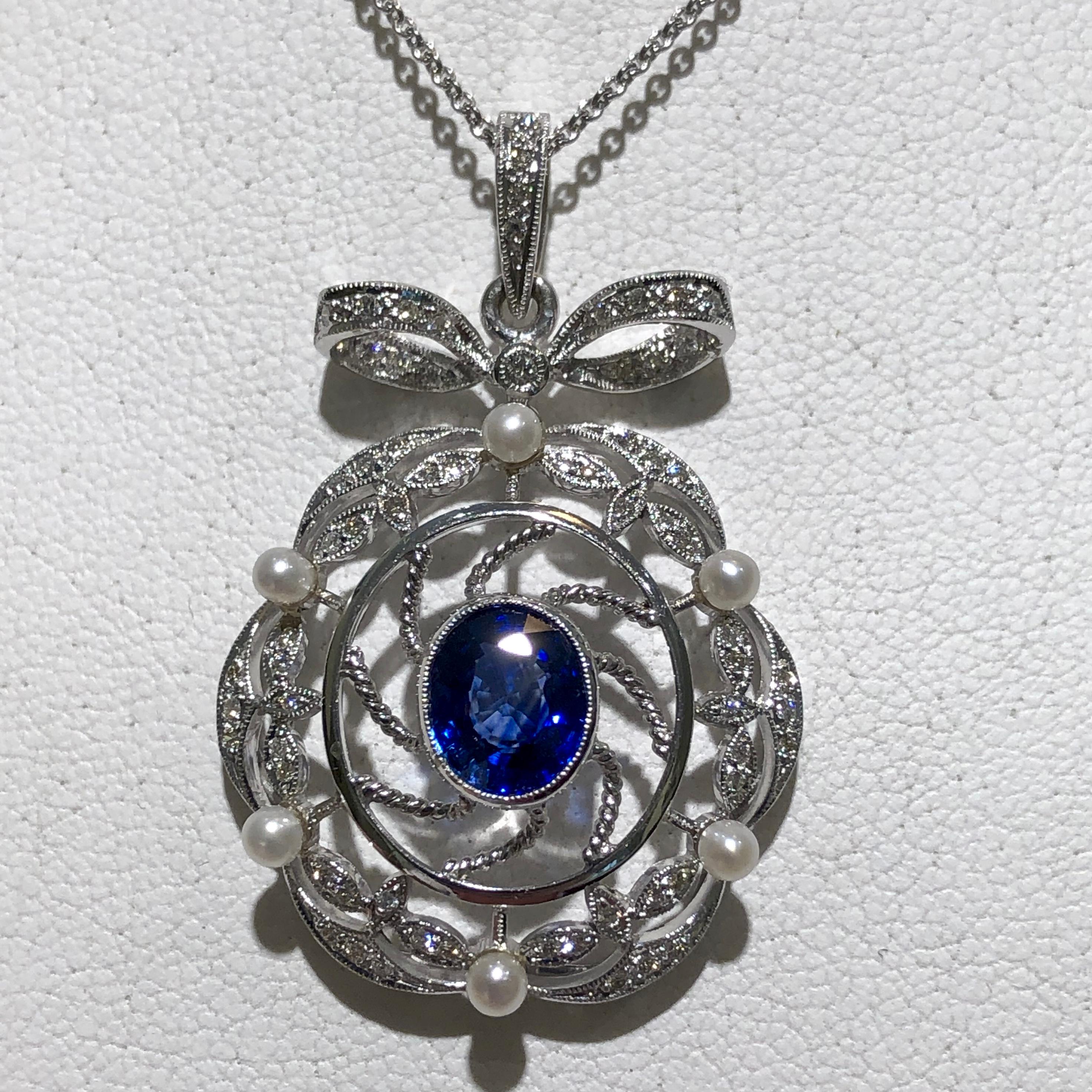 Victorian Style Ceylon Sapphire Diamond Pearl Gold Pendant For Sale 1