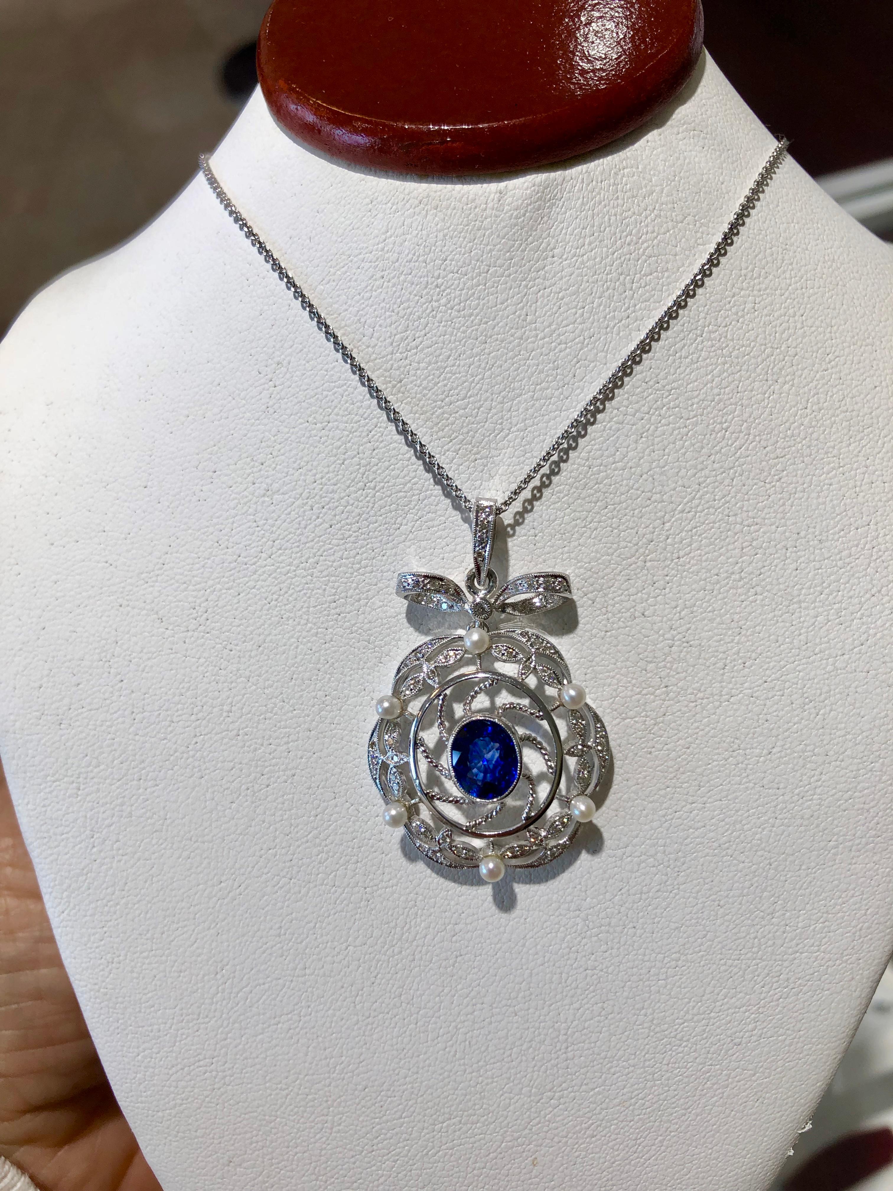 Victorian Style Ceylon Sapphire Diamond Pearl Gold Pendant For Sale 2