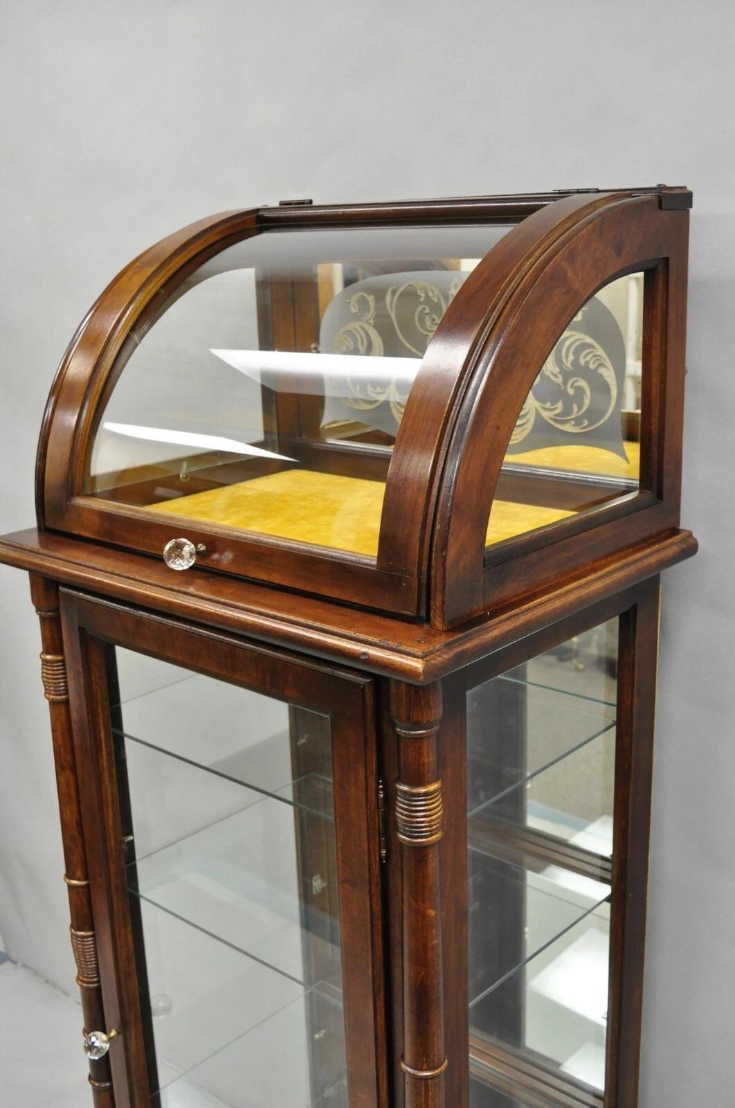 Victorian Style Cherry Wood Curved Glass Lighted Narrow Curio Display Cabinet 7