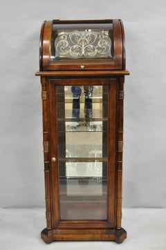 Victorian Style Cherry Wood Curved Glass Lighted Narrow Curio Display Cabinet