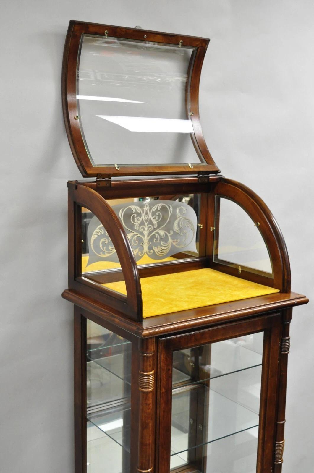 20th Century Victorian Style Cherry Wood Curved Glass Lighted Narrow Curio Display Cabinet