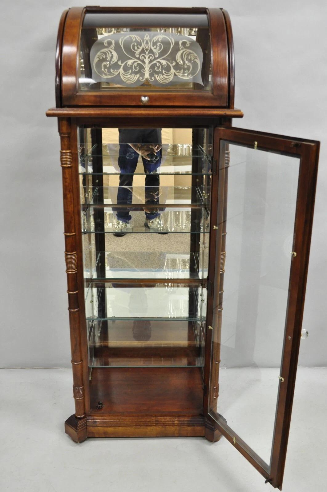 Victorian Style Cherry Wood Curved Glass Lighted Narrow Curio Display Cabinet 2