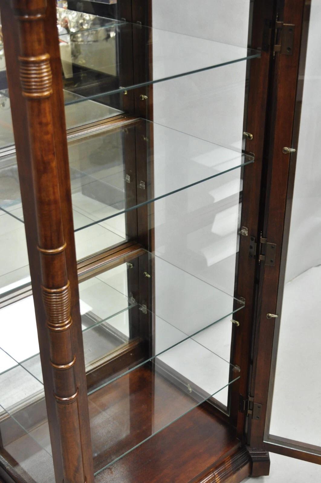 Victorian Style Cherry Wood Curved Glass Lighted Narrow Curio Display Cabinet 3