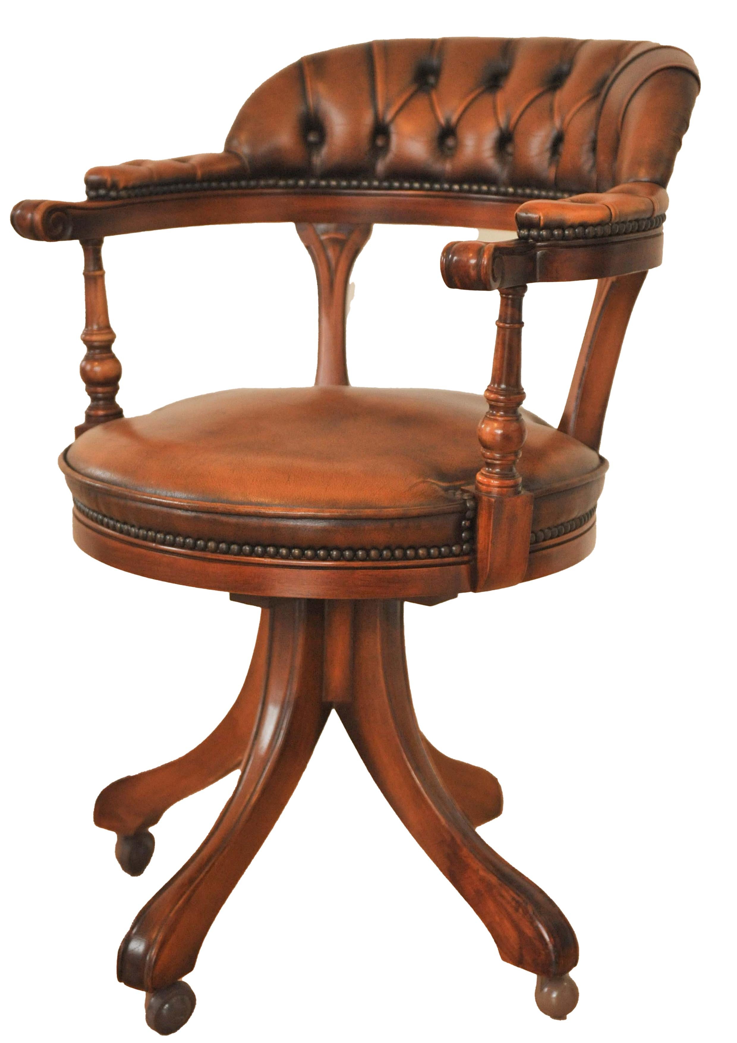 Viktorianischer Stil Chesterfield Deep Button Brown Antiqued Leder Drehschreibtisch im Zustand „Gut“ im Angebot in Reading, Berkshire