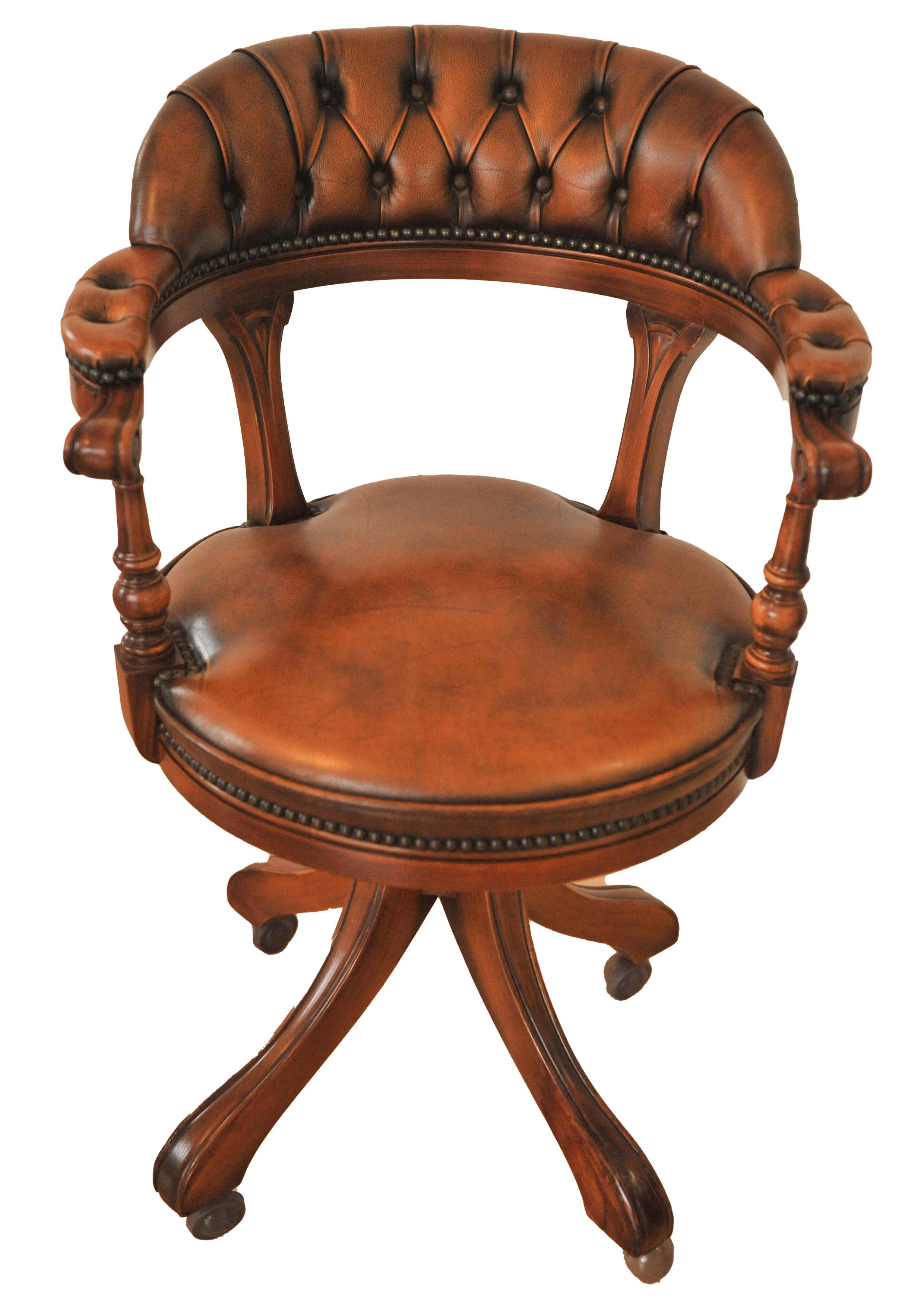 Viktorianischer Stil Chesterfield Deep Button Brown Antiqued Leder Drehschreibtisch im Angebot 1