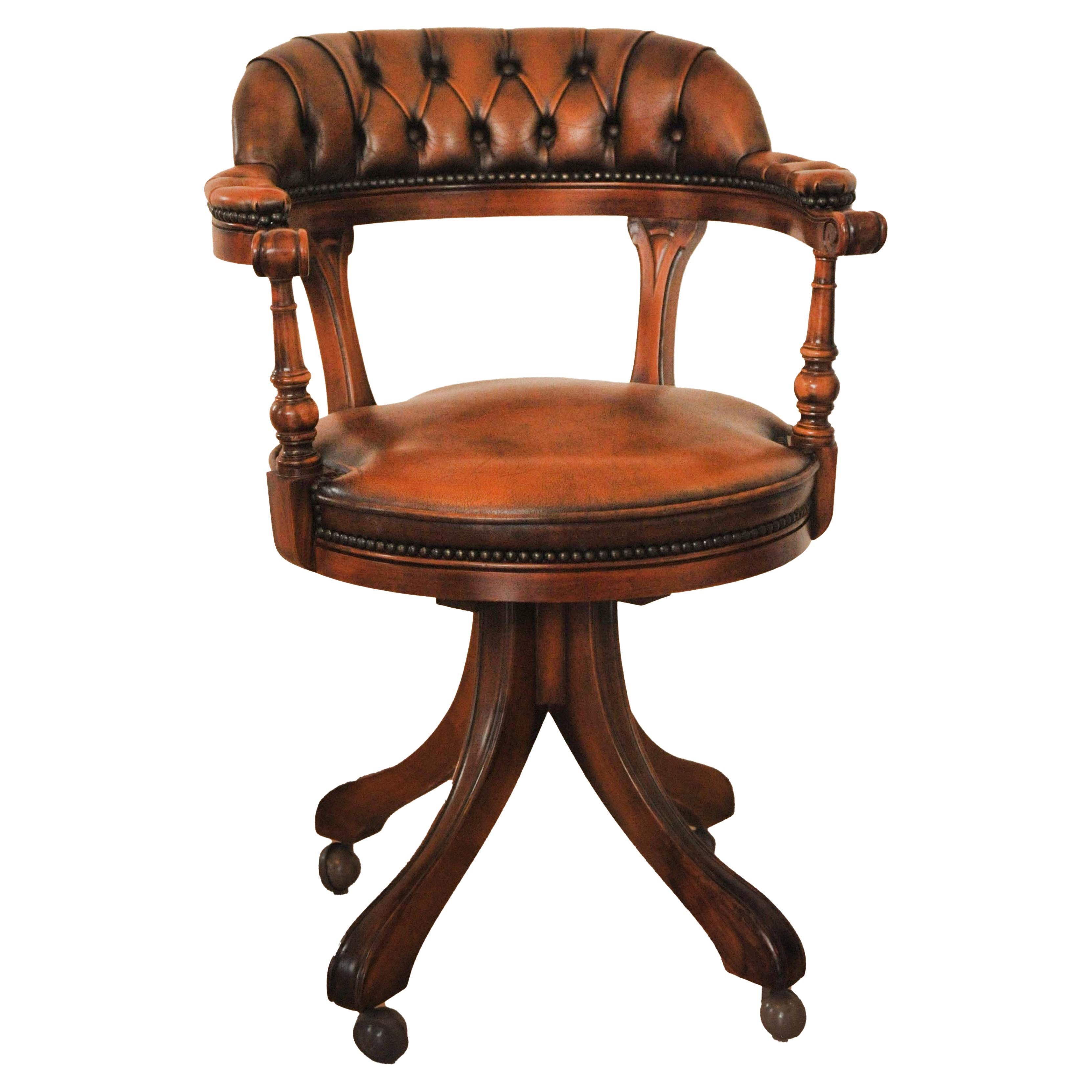 Victorian Style Chesterfield Deep Button Brown Antiqued Leather Swivelling Desk
