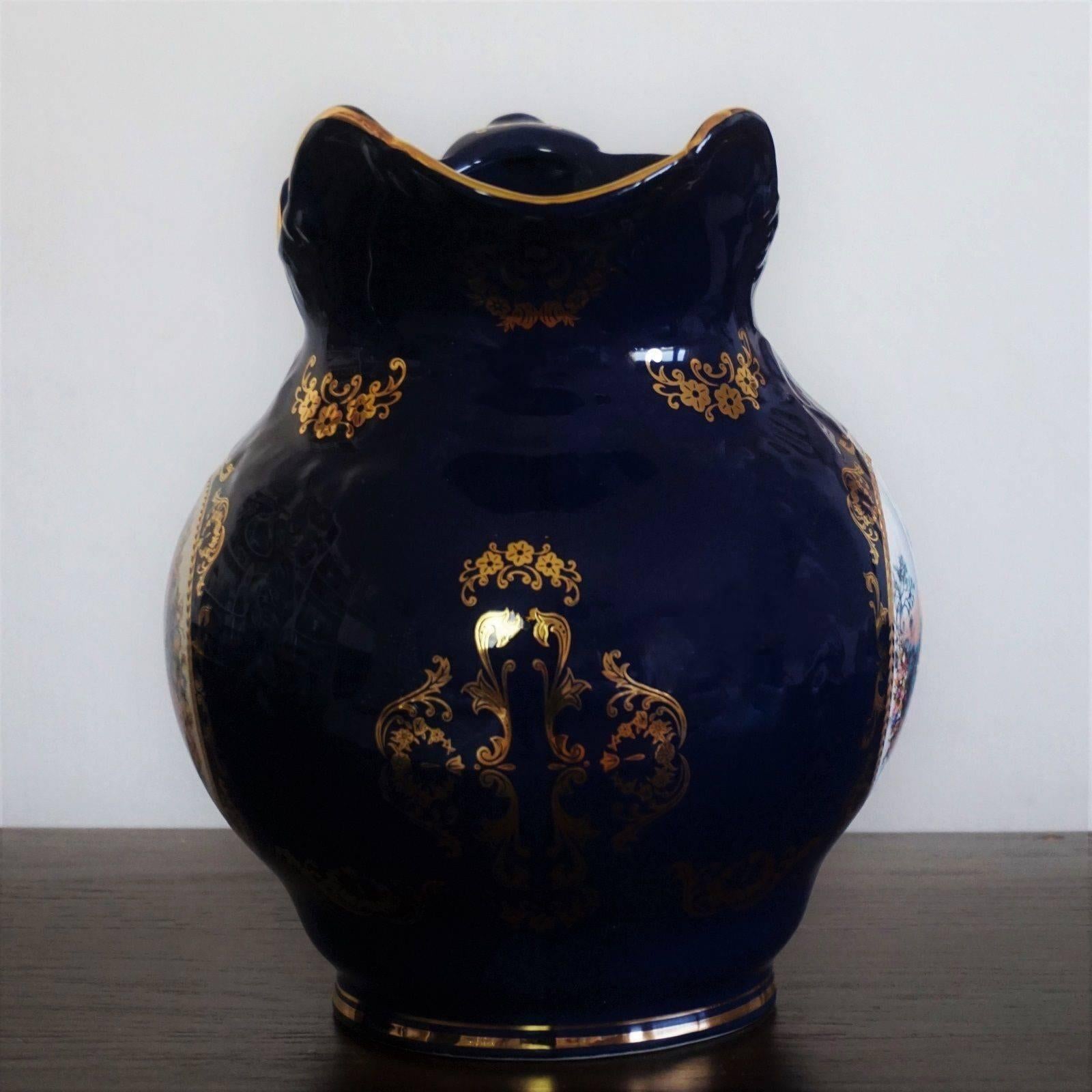 Portuguese Victorian Style Cobalt Blue Hand Painted Porcelain Wash Bowl Pitcher
