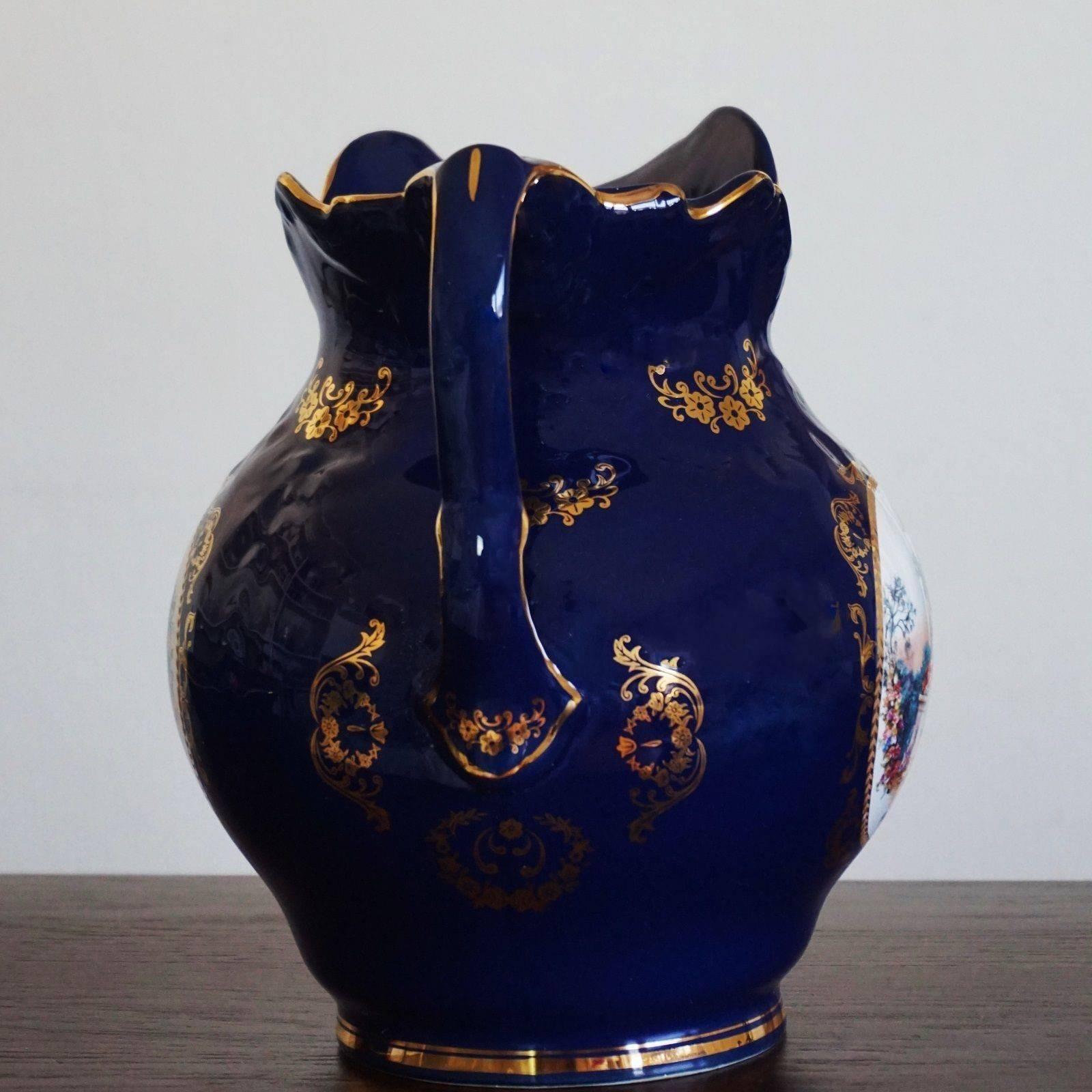 Hand-Painted Victorian Style Cobalt Blue Hand Painted Porcelain Wash Bowl Pitcher