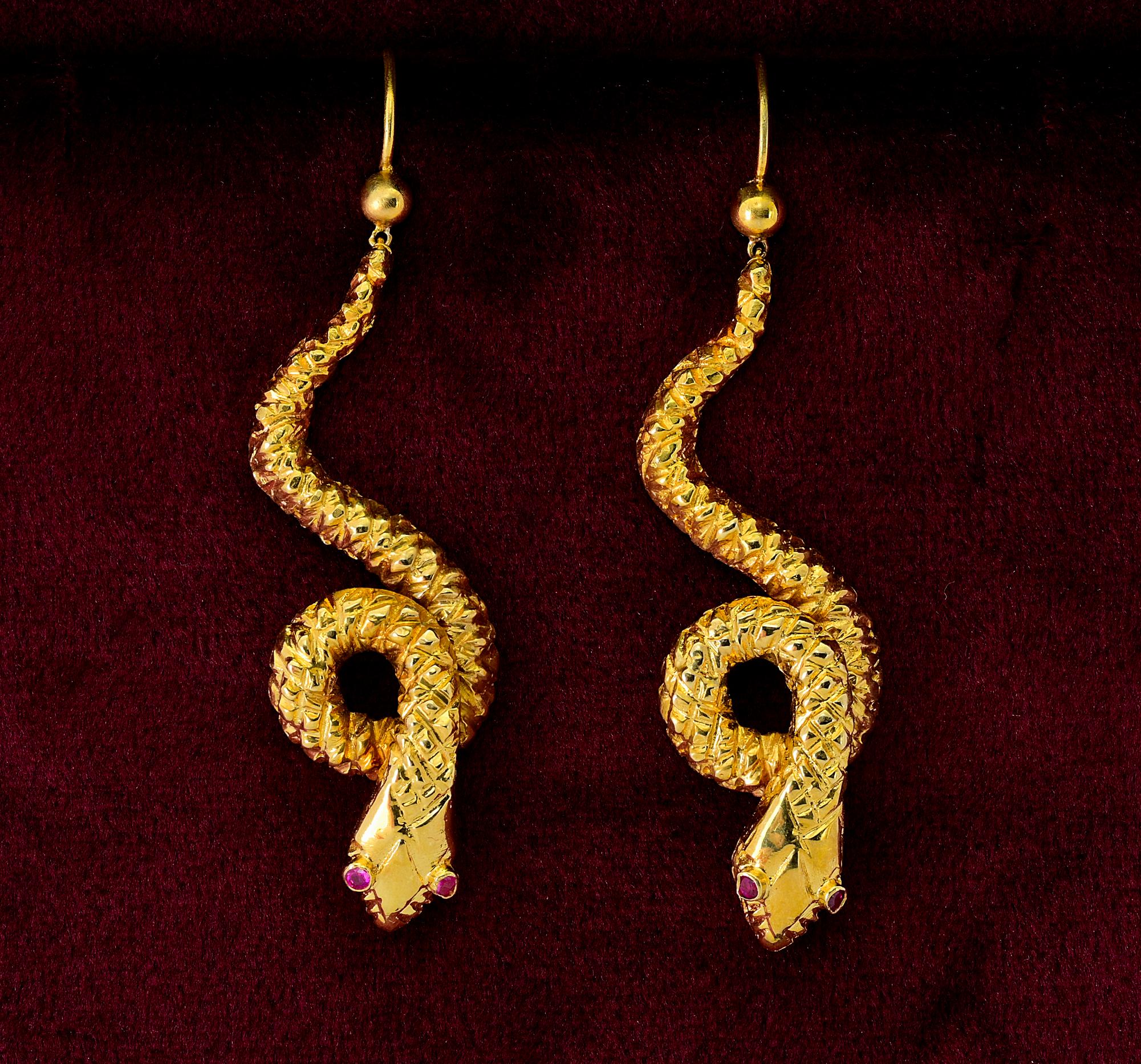 A charming pair of Victorian Style 18 KT coiled snake earring symbolizing eternity in the ancient tradition
Realistically skin textured on the front side set with Ruby eyes
They weigh 10.4 grams of 18 KT gold
Measures: including wire 49 x 13 mm. -