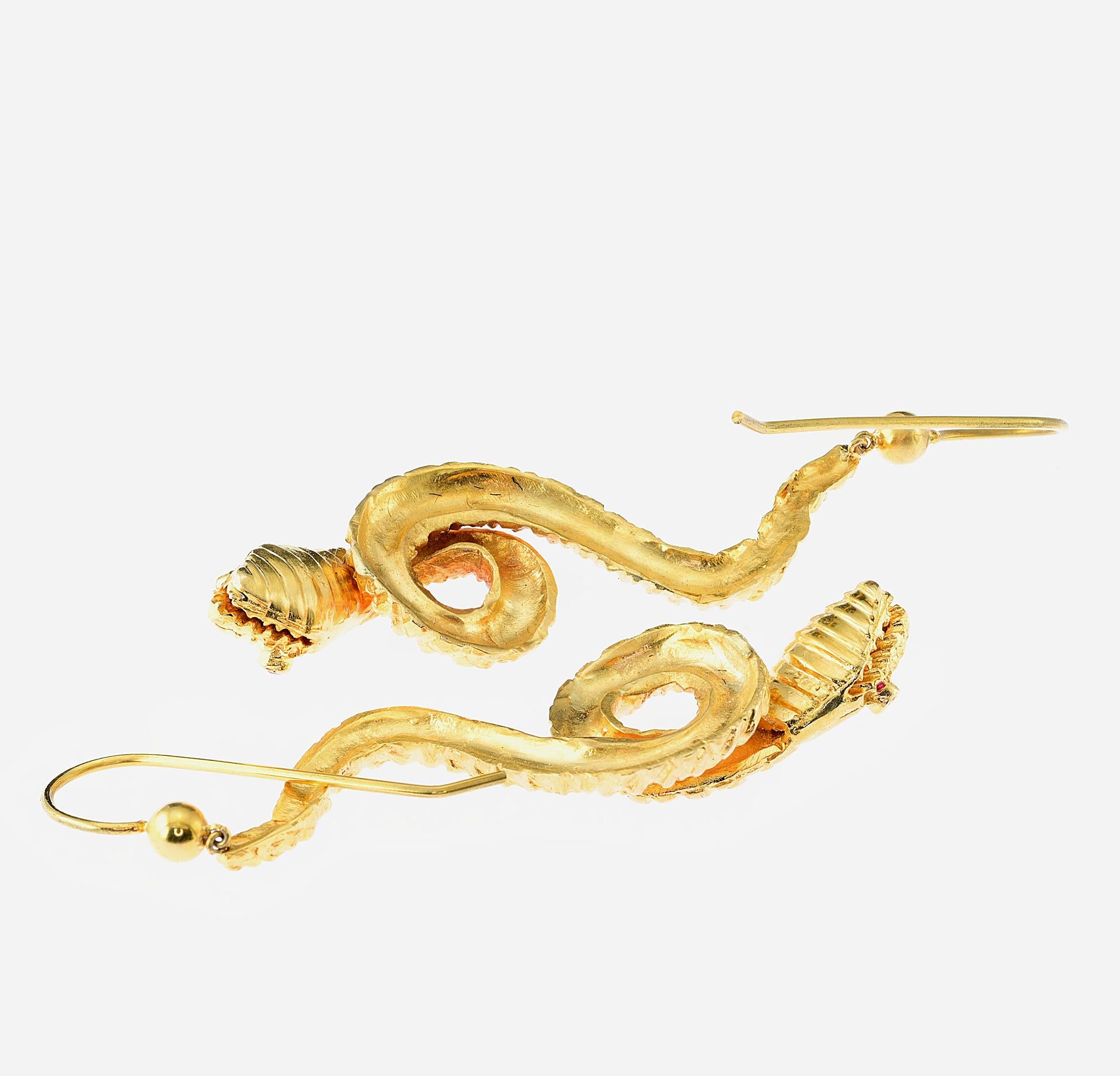 Women's or Men's Victorian Style Coiled Snake Drop Earrings 18 Kt For Sale