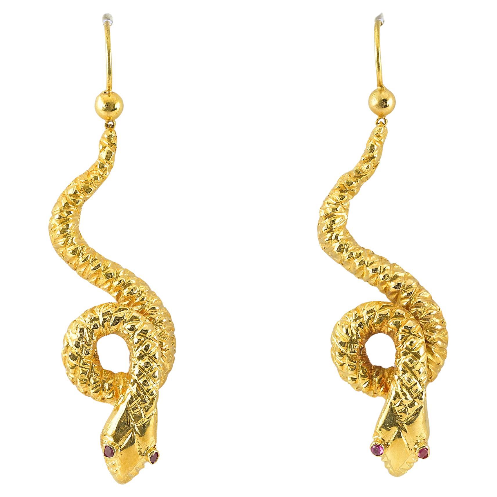 Victorian Style Coiled Snake Drop Earrings 18 Kt