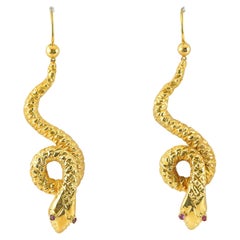 Victorian Style Coiled Snake Drop Earrings 18 Kt
