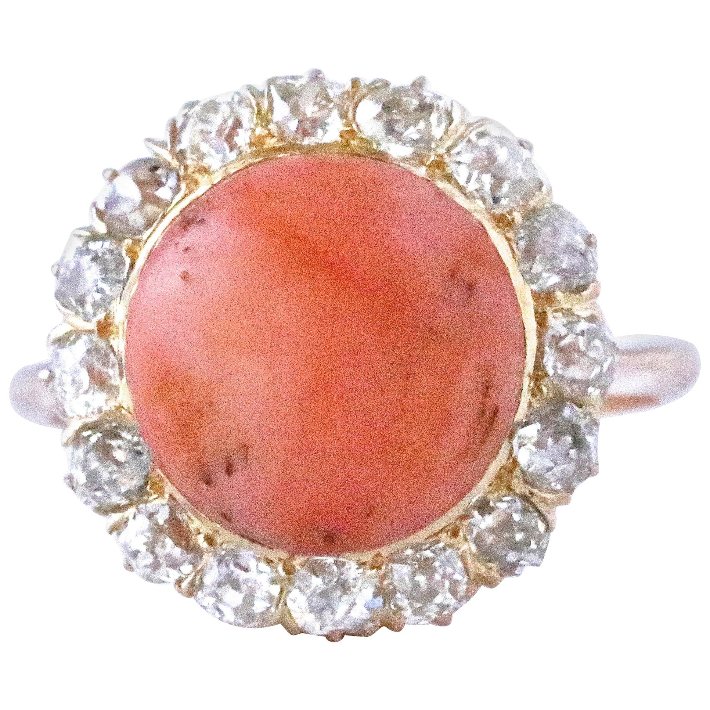 Victorian Style Coral Diamond 18 Karat Gold Cluster Ring