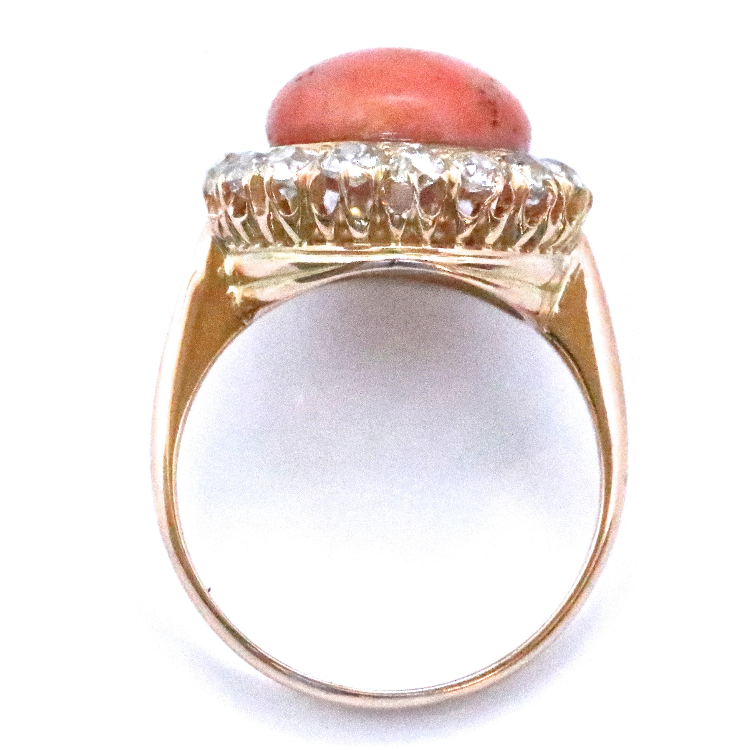Cabochon Victorian Style Coral Diamond 18 Karat Gold Cluster Ring