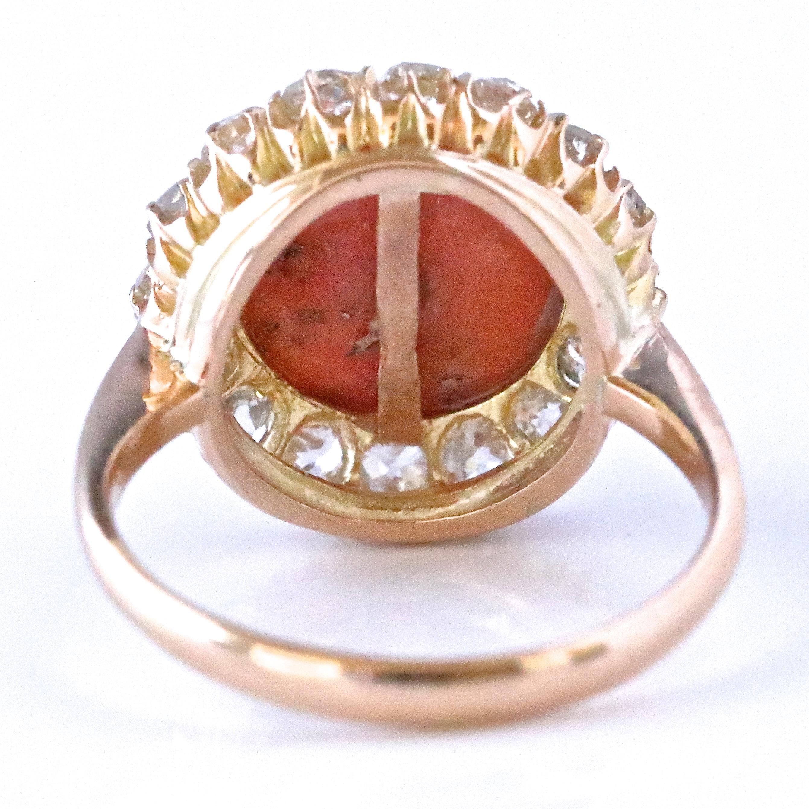 Victorian Style Coral Diamond 18 Karat Gold Cluster Ring In New Condition In Beverly Hills, CA