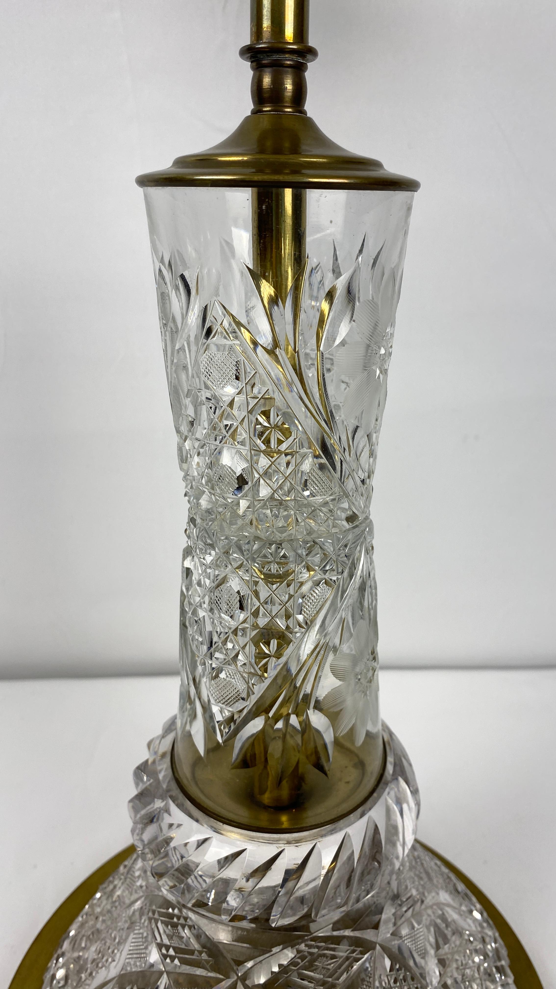Brass Victorian Style Cut Crystal Lamp with Crystal Shade For Sale