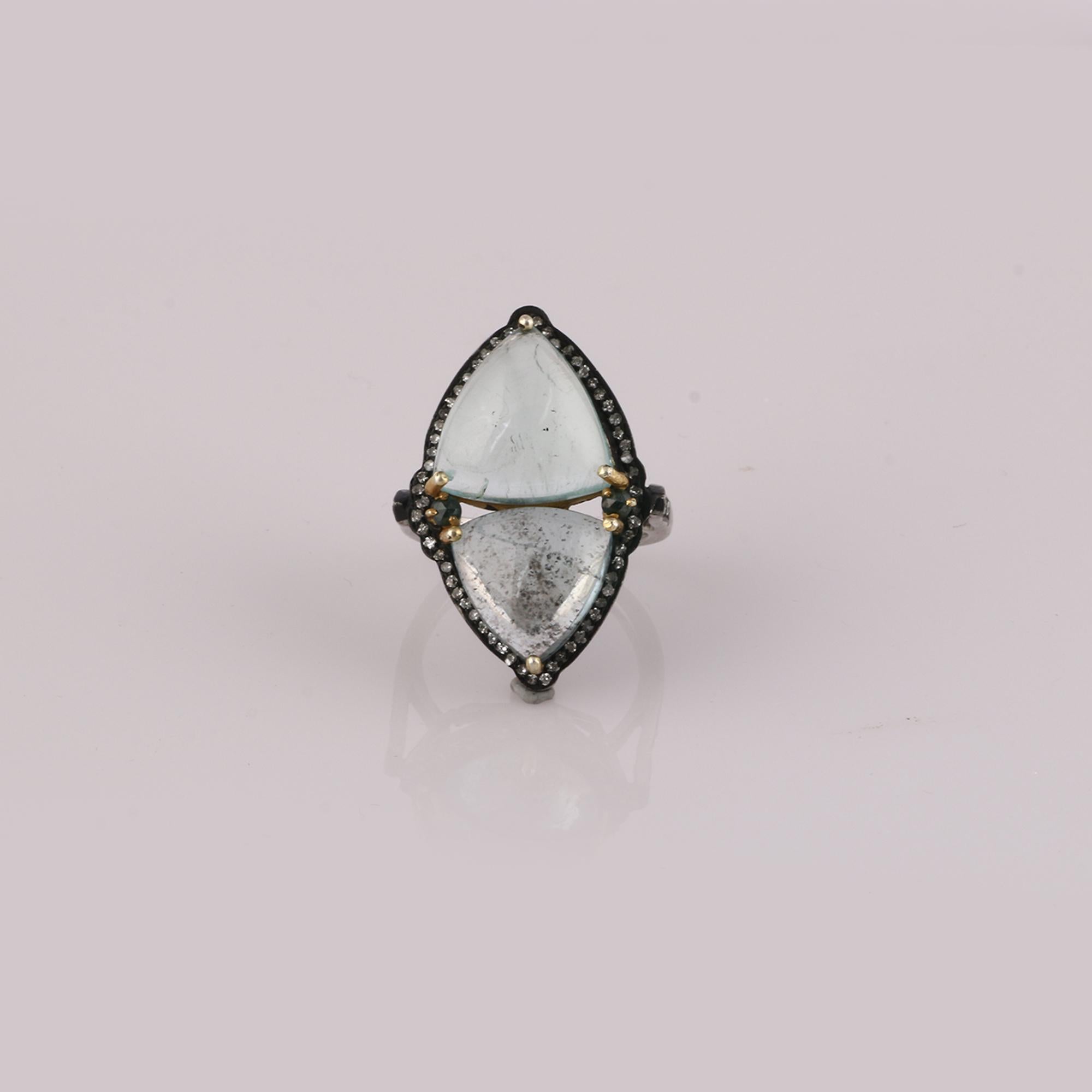 Victorian Gold Diamond , sterling Silver Aquamarine Cocktail Finger Ring