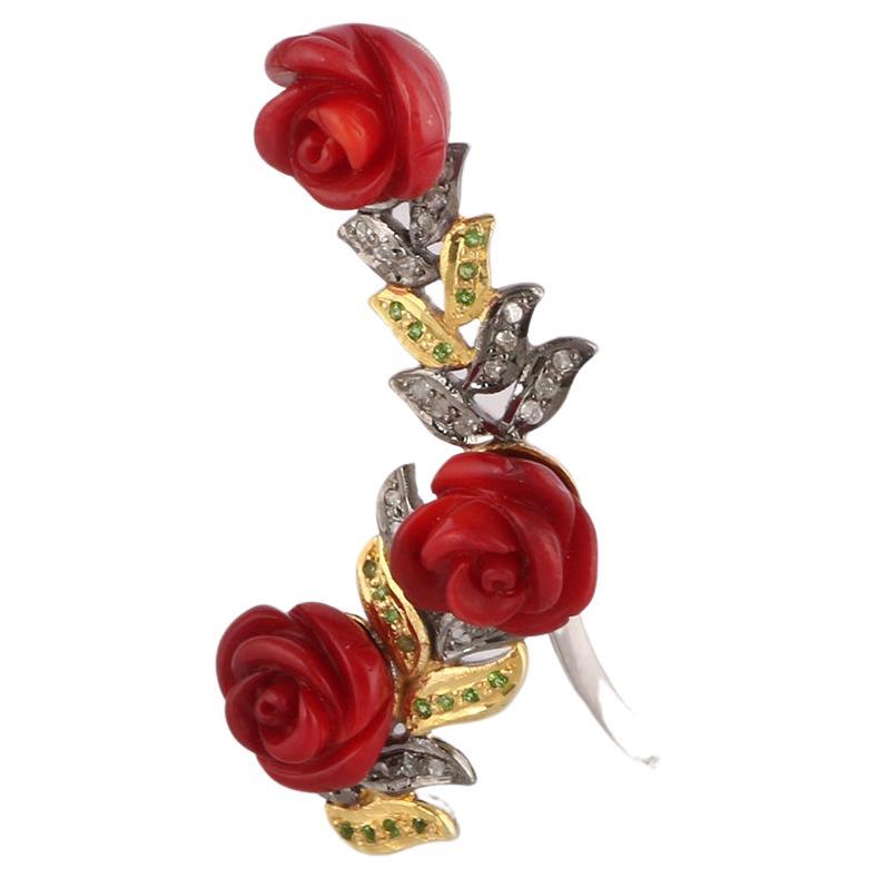 Viktorianischer Stil Diamant 925 Sterlingsilber Koralle Cocktail Rose Blumenring im viktorianischen Stil