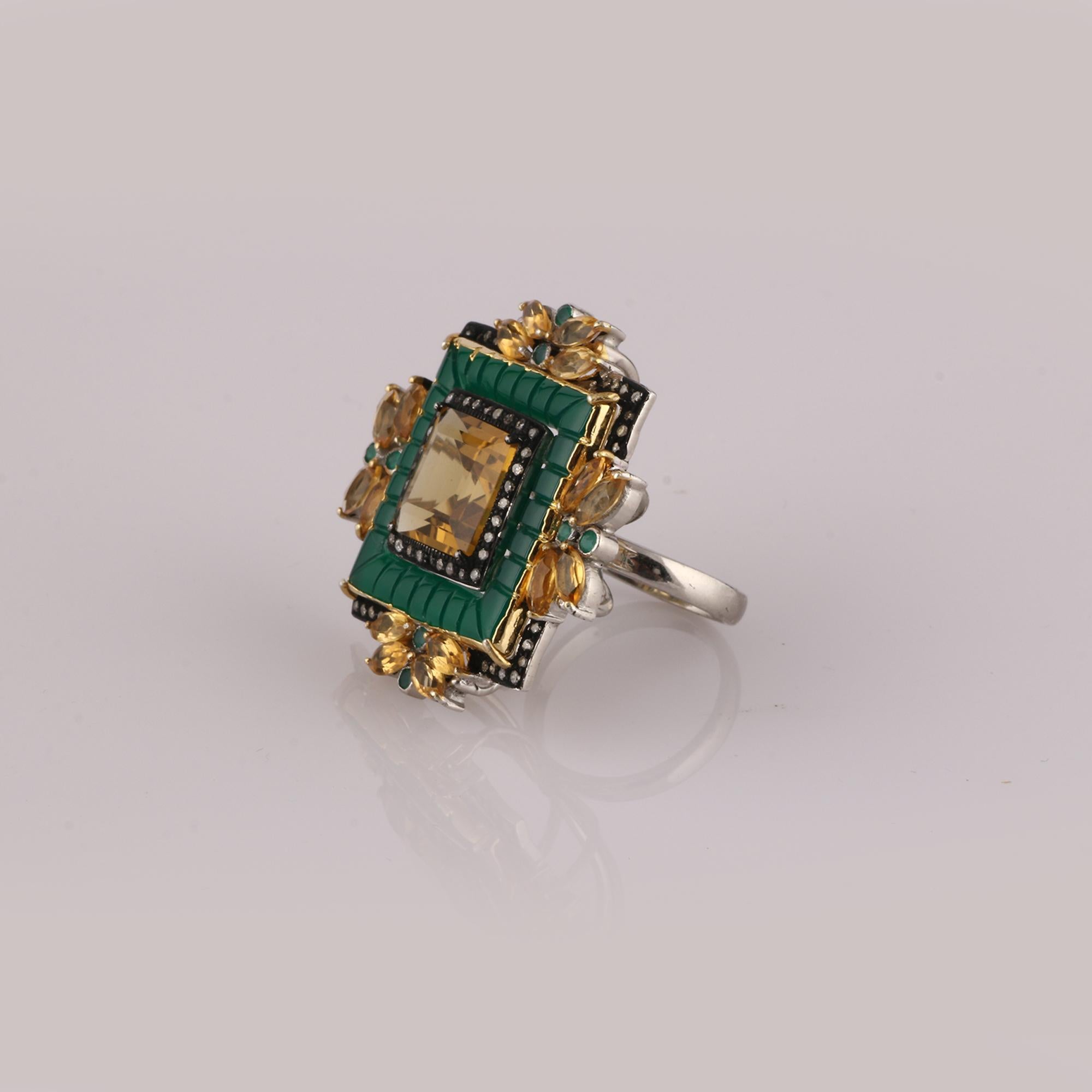Round Cut Victorian Style Diamond 925 Sterling Silver Onyx Citrine Emerald Cocktail Ring For Sale