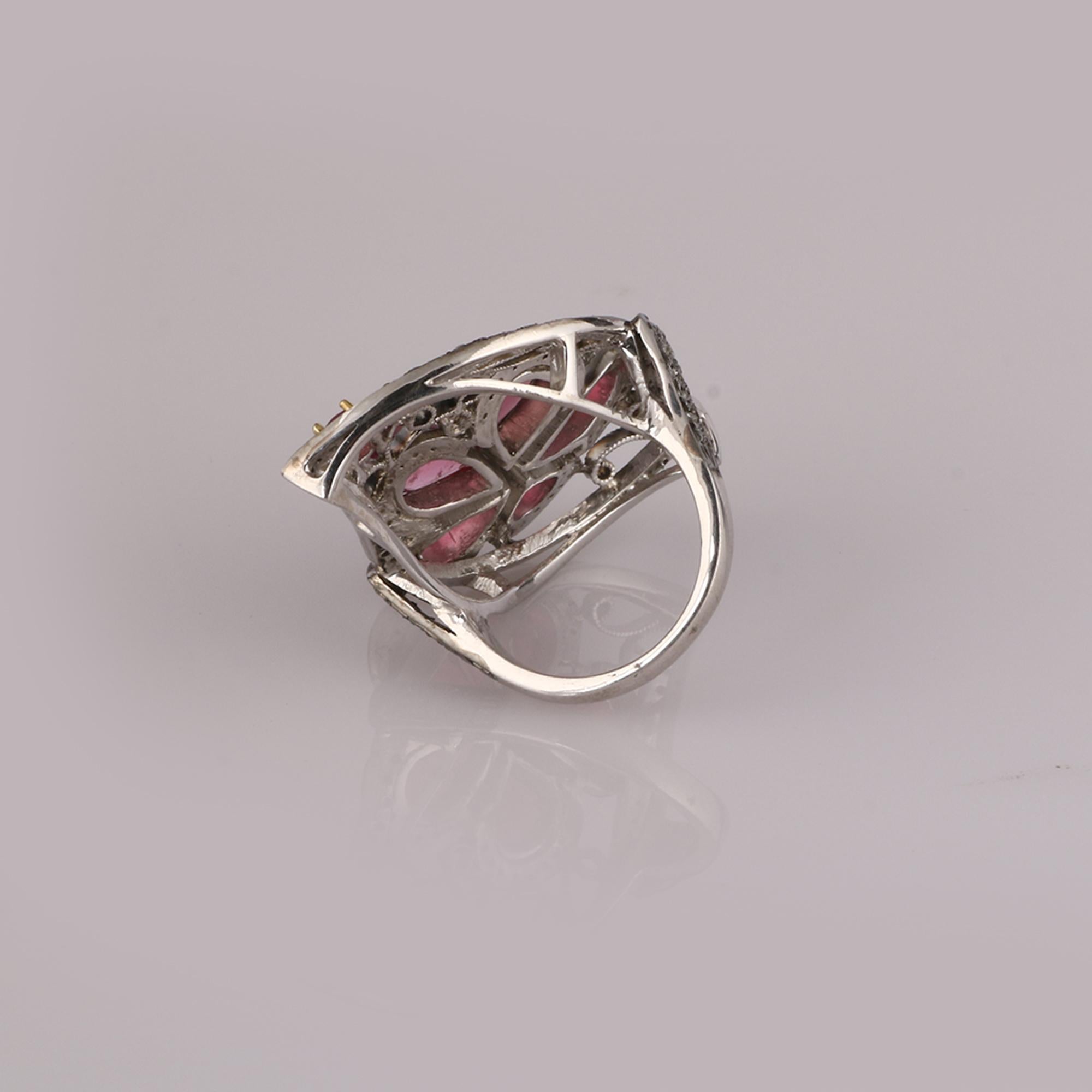 Round Cut Victorian Style Diamond 925 Sterling Silver Pink Tourmaline Cocktail Ring For Sale