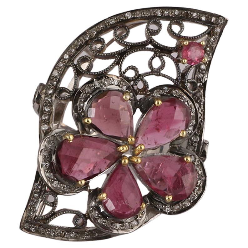Victorian Style Diamond 925 Sterling Silver Pink Tourmaline Cocktail Ring For Sale