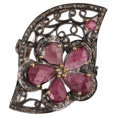 Anillo de cóctel de turmalina rosa de plata de ley 925 con diamantes estilo victoriano