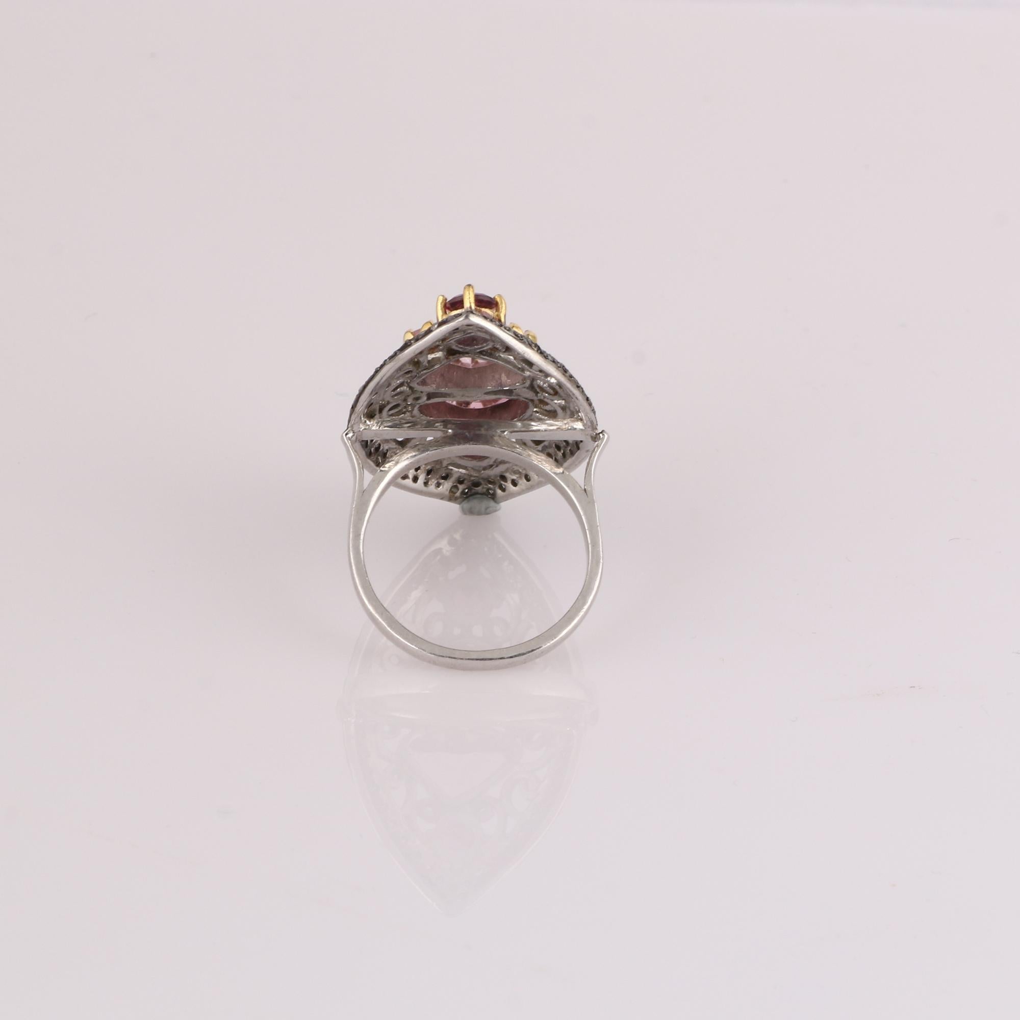 Round Cut Victorian Style Diamond 925 Sterling Silver Rose Quartz, Rubellite Cocktail Ring For Sale