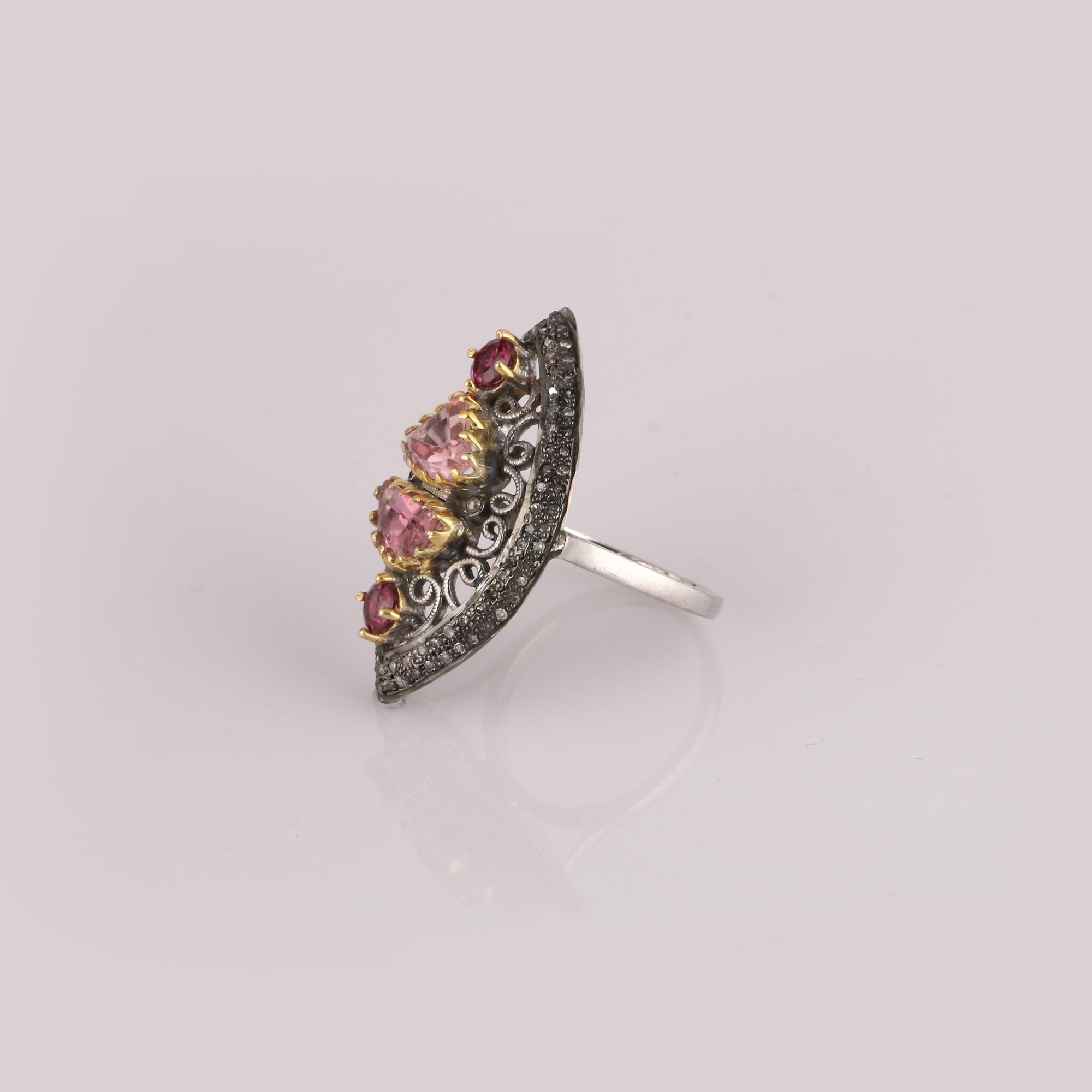 Victorian Style Diamond 925 Sterling Silver Rose Quartz, Rubellite Cocktail Ring In New Condition For Sale In Jaipur, RJ