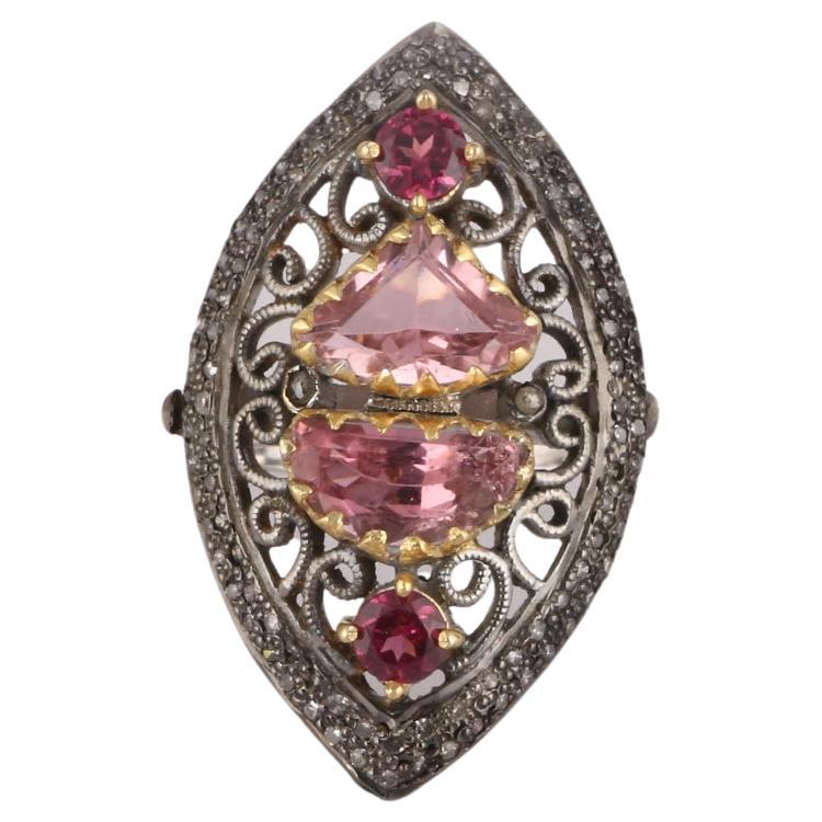Victorian Style Diamond 925 Sterling Silver Rose Quartz, Rubellite Cocktail Ring For Sale