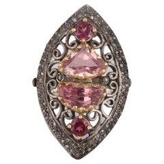 Anillo de cóctel estilo victoriano de plata de ley 925 con diamantes, cuarzo rosa y rubelita
