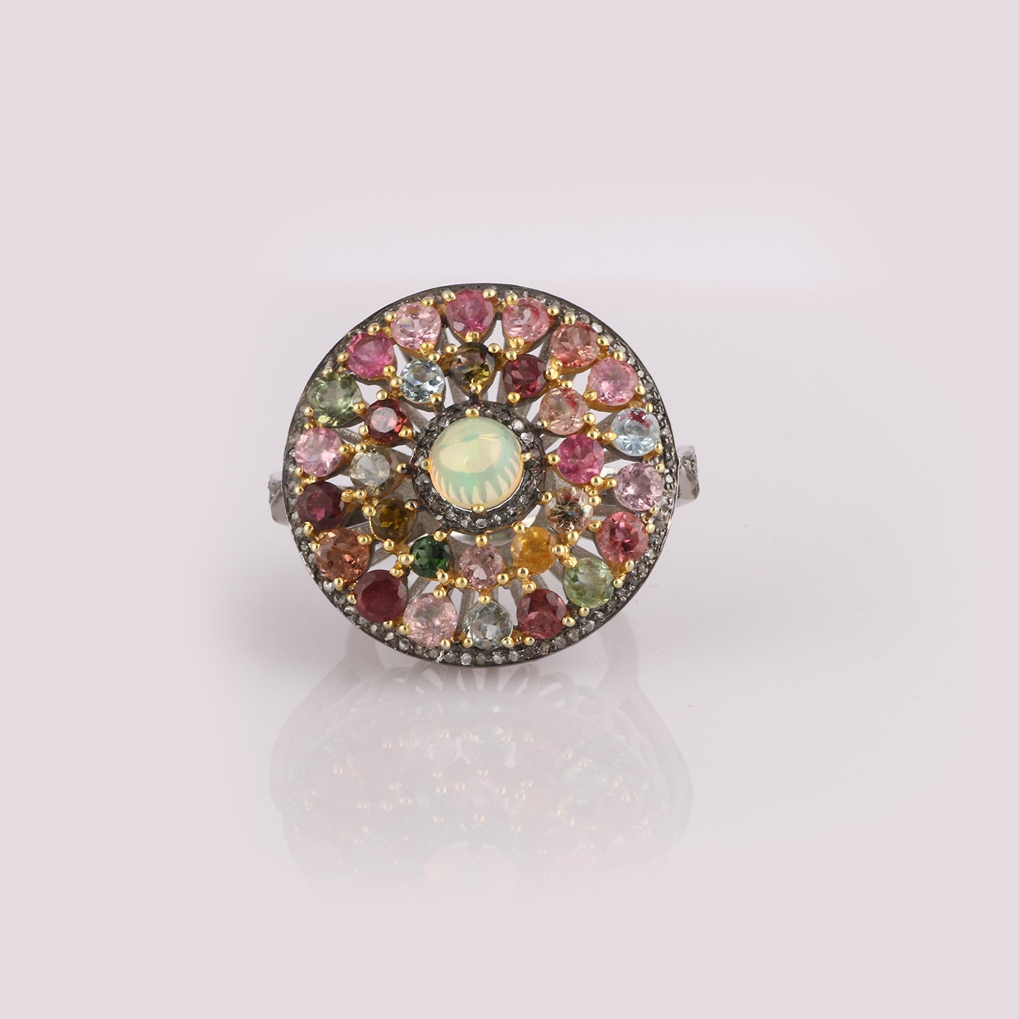 Victorian Style Diamond 925 Sterling Silver Tourmaline Opal Cocktail Ring In New Condition For Sale In Jaipur, RJ