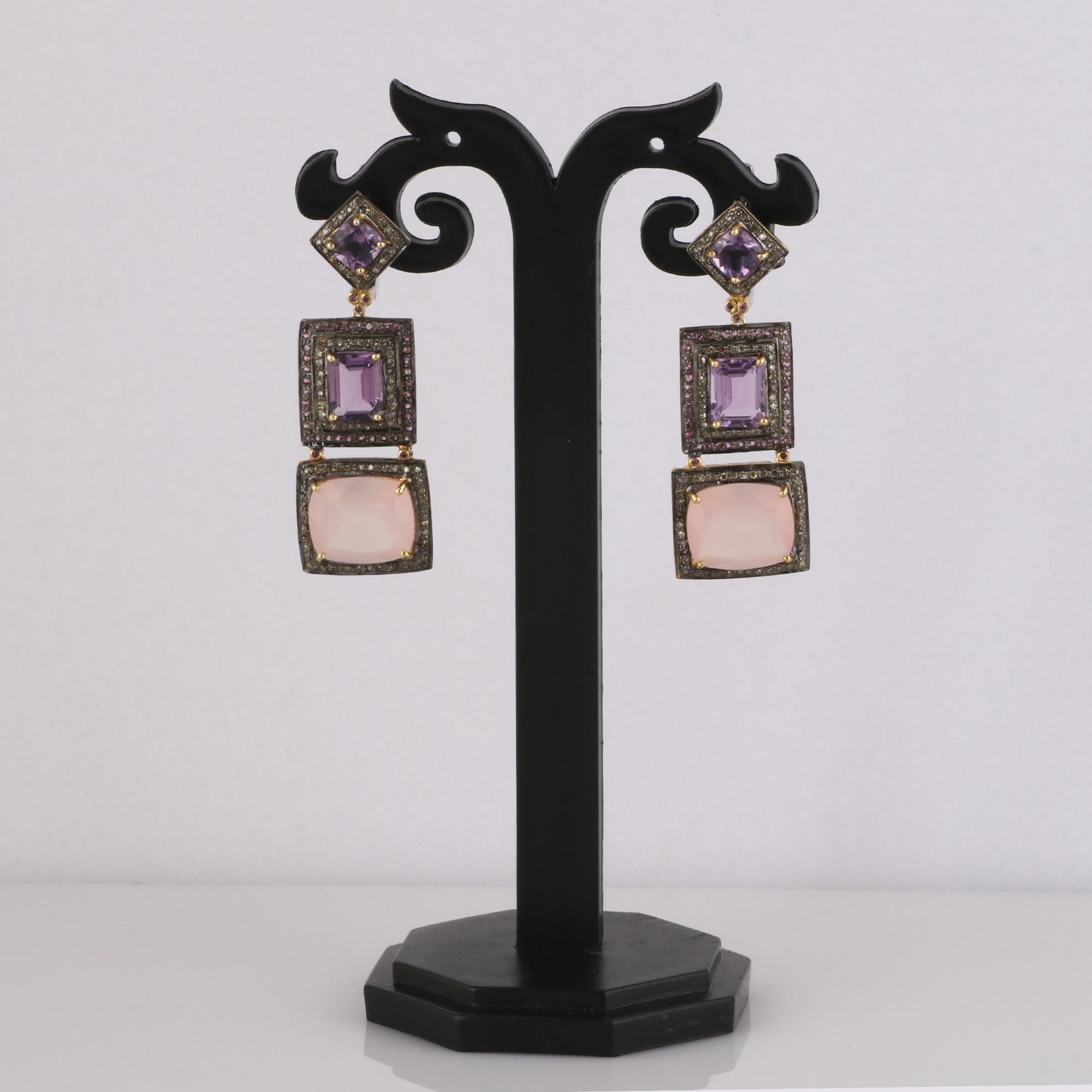 Round Cut Victorian Style Diamond Amethyst & Rose Quartz Silver Dangle Earrings For Sale