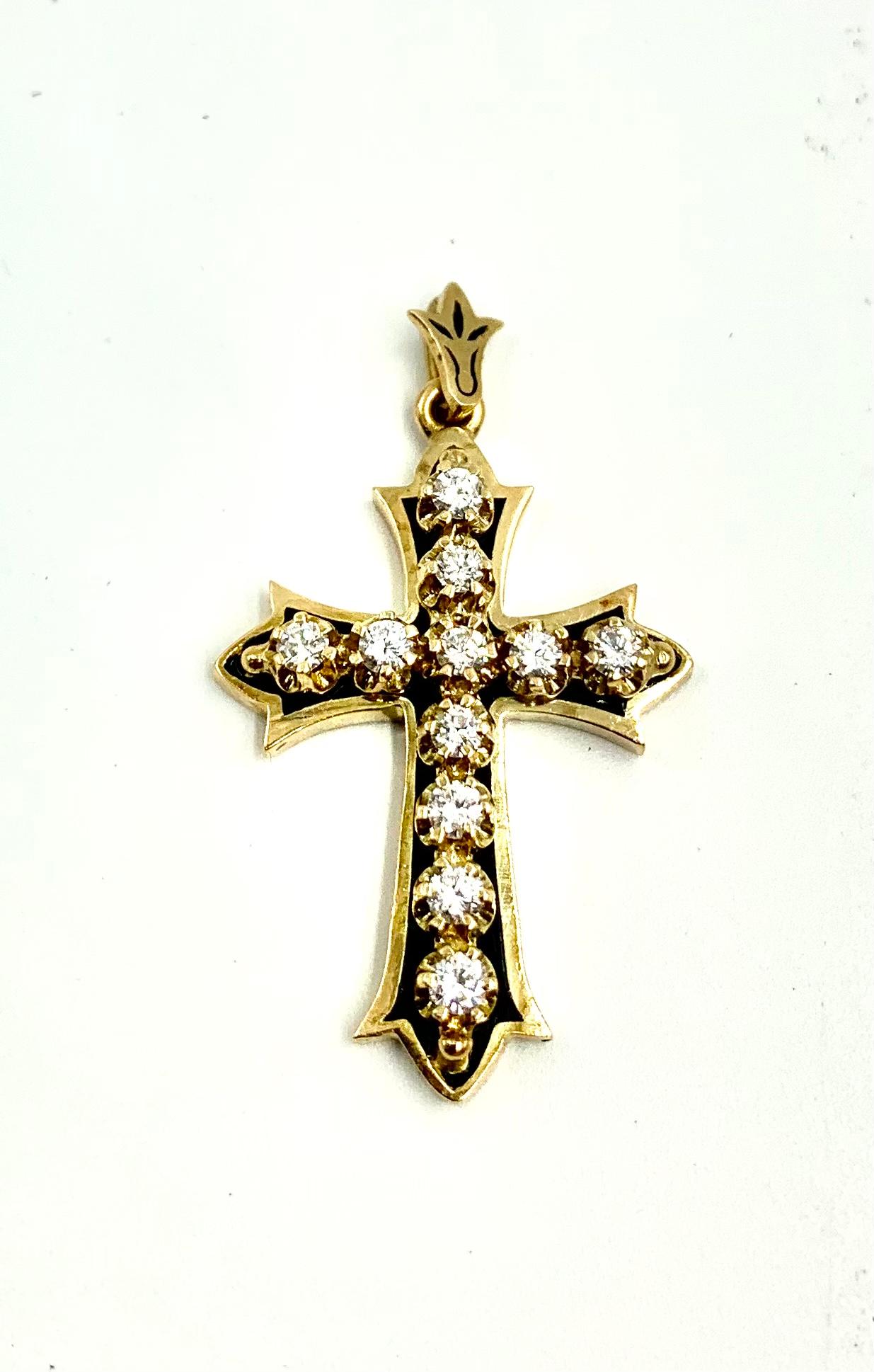Victorien Croix de style victorien en or jaune 14 carats, diamants et émail avec fleur de Lis Bale en vente