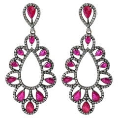 Victorian Style 14k Gold Ruby and Diamond Dangle Earrings, India