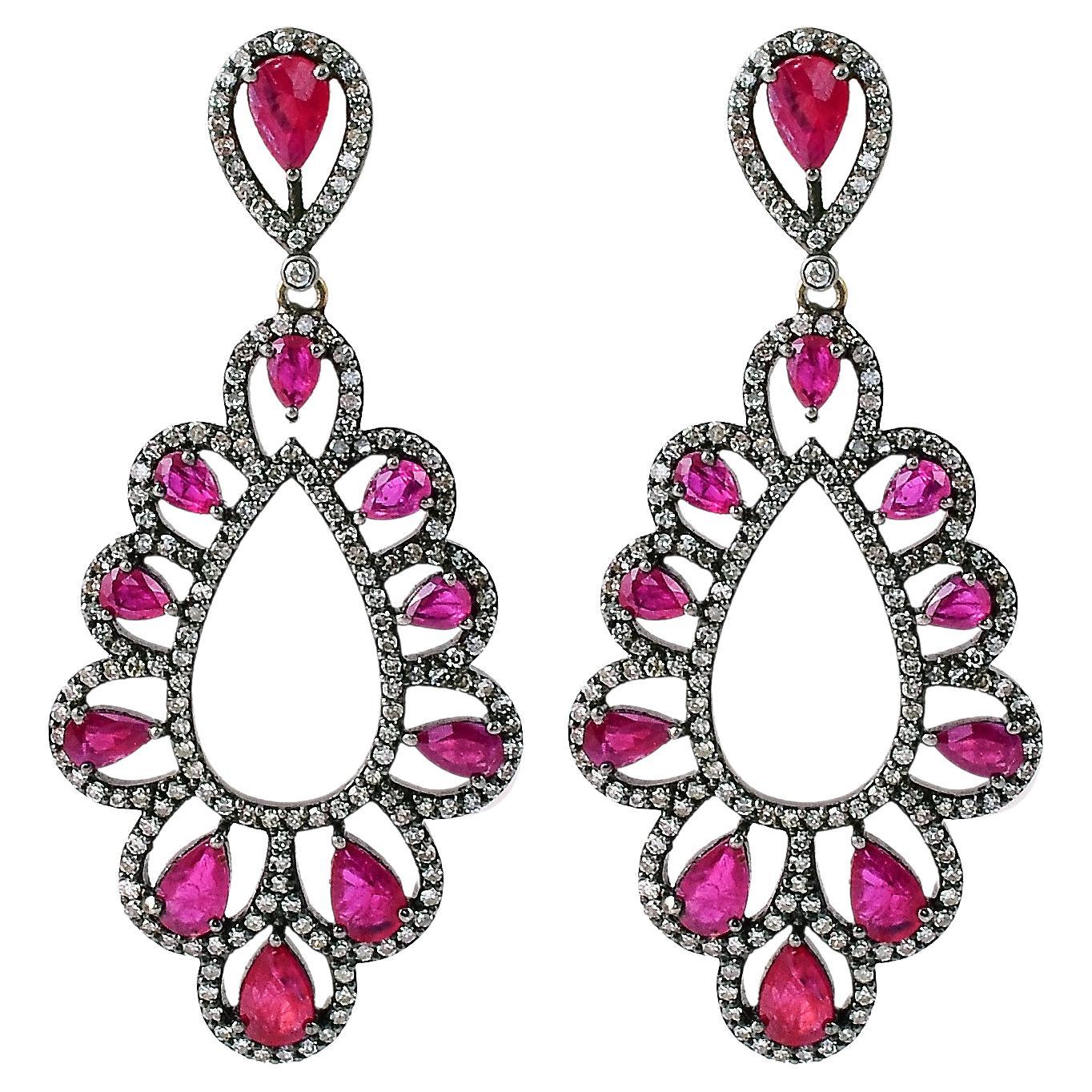 Victorian Style Diamond and Ruby Dangle Earrings For Sale