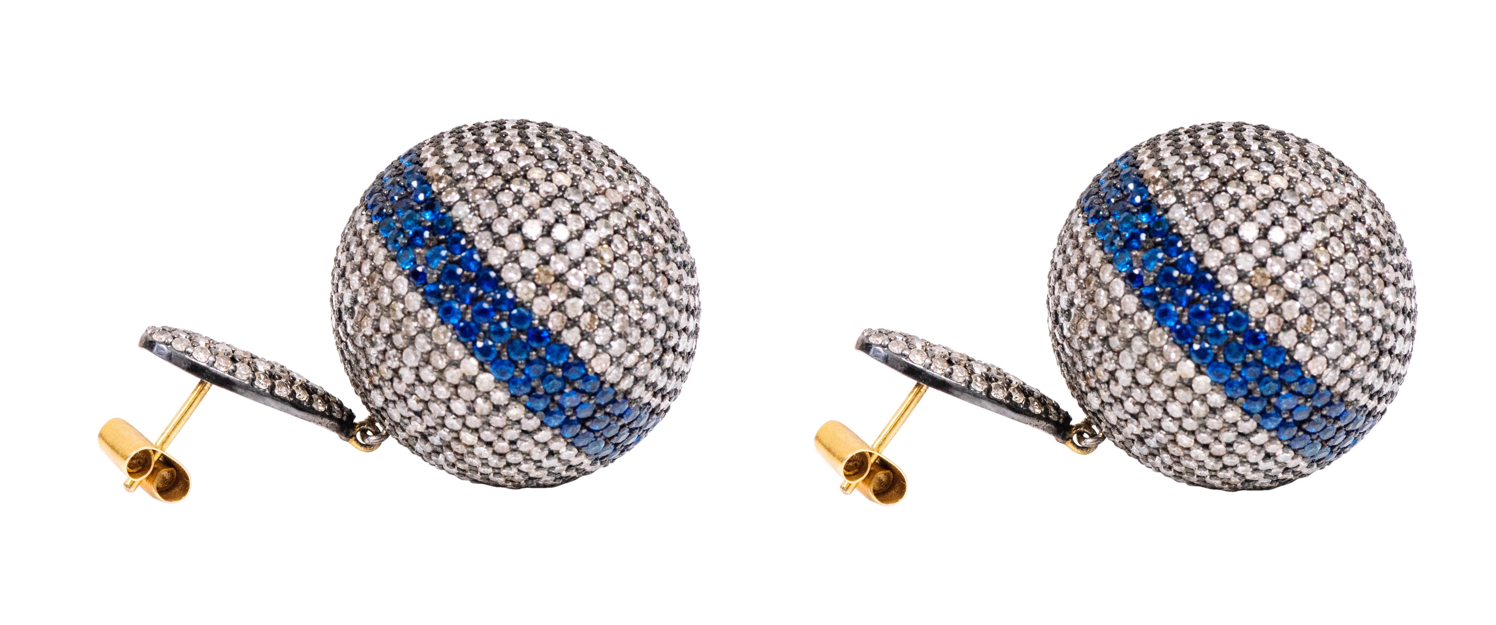 Round Cut Victorian Style Diamond and Sapphire Cocktail Ball Drop Earrings For Sale