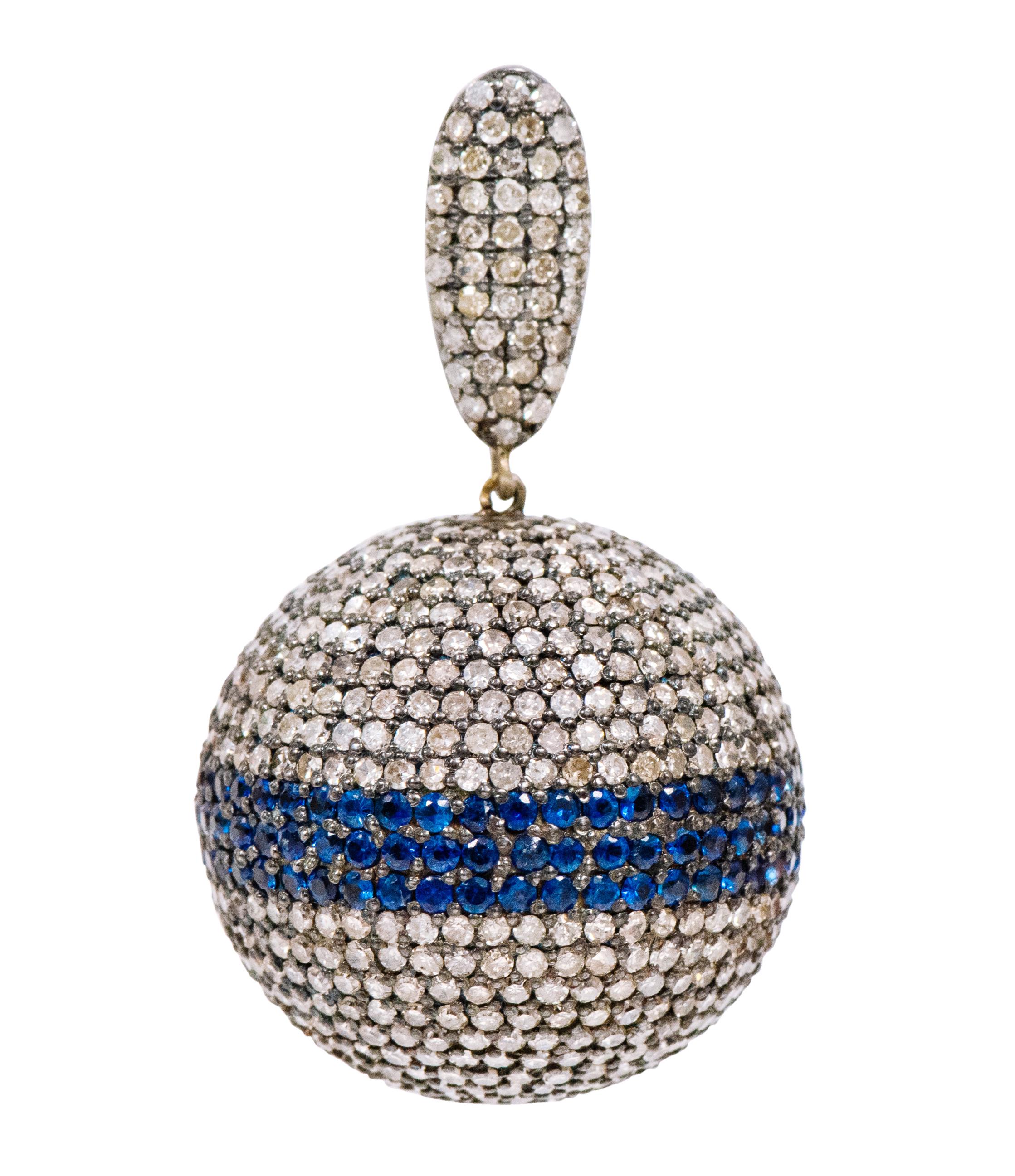 Victorian Style Diamond and Sapphire Cocktail Ball Drop Earrings In New Condition For Sale In Jaipur, IN